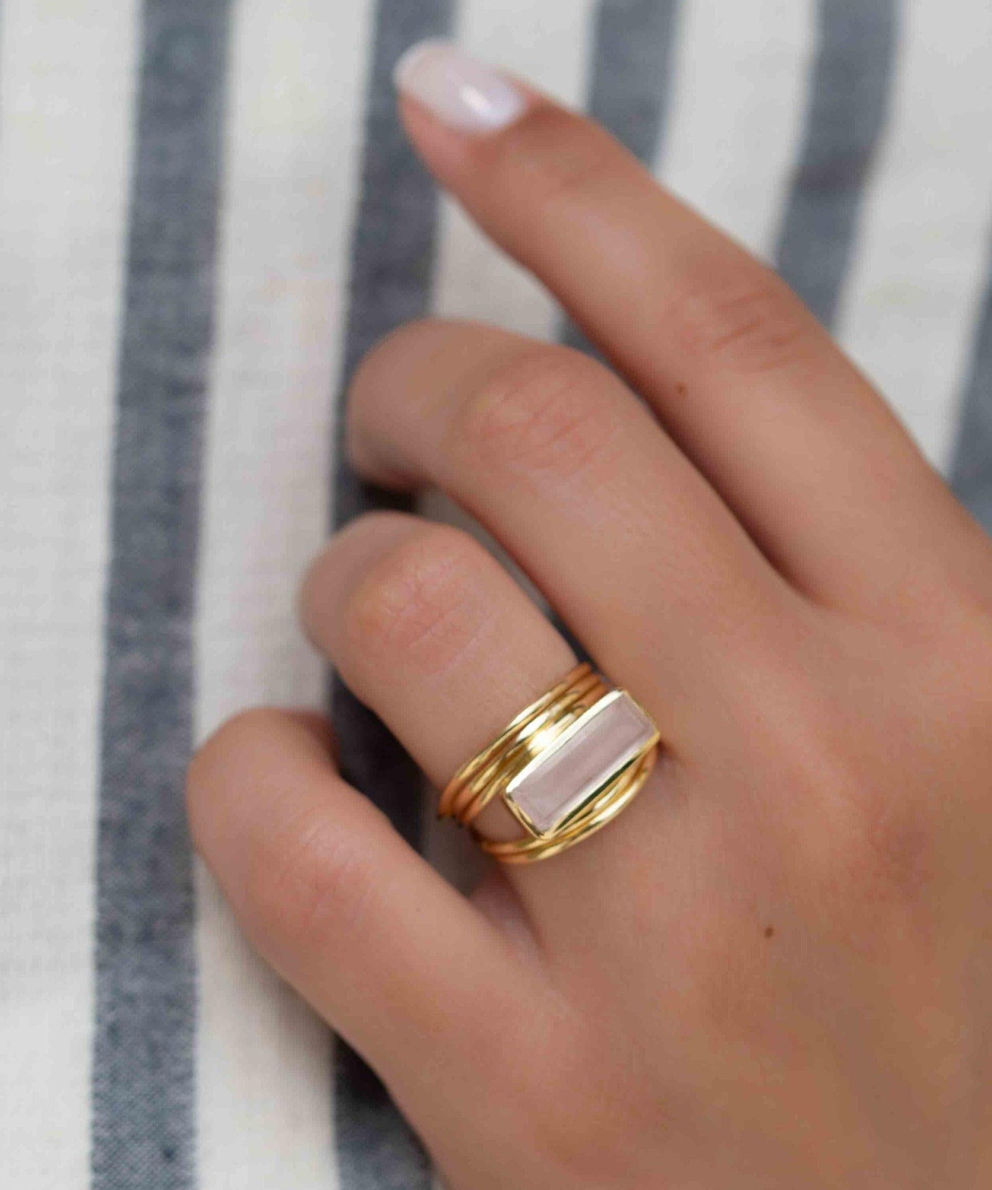 Rose Quartz Rectangular Ring ~ Gemstone ~ Natural ~ 18k Gold Plated ~ Jewelry ~ Handmade~ January Birthstone - MR300