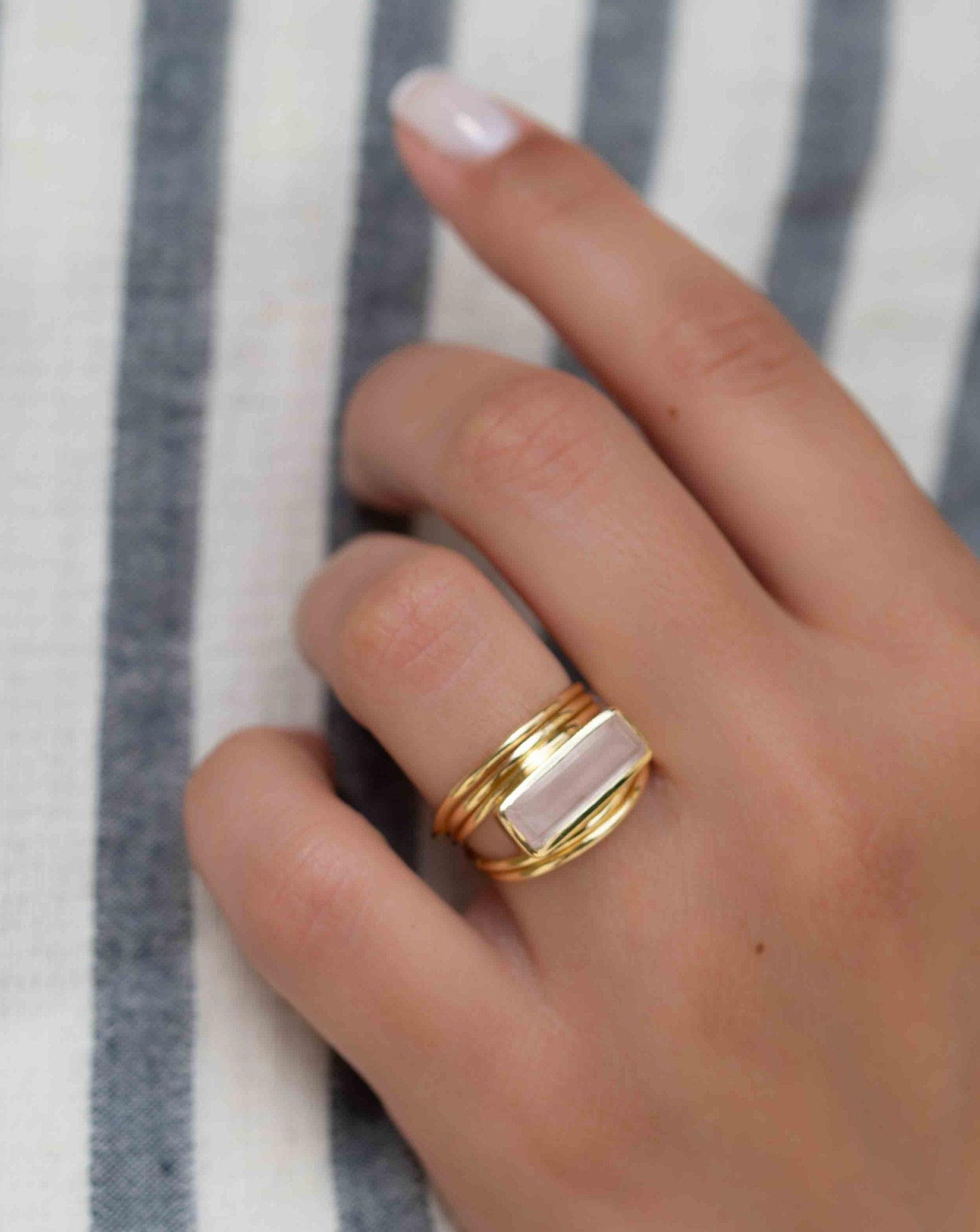 Rose Quartz Rectangular Ring ~ Gemstone ~ Natural ~ 18k Gold Plated ~ Jewelry ~ Handmade~ January Birthstone - MR300