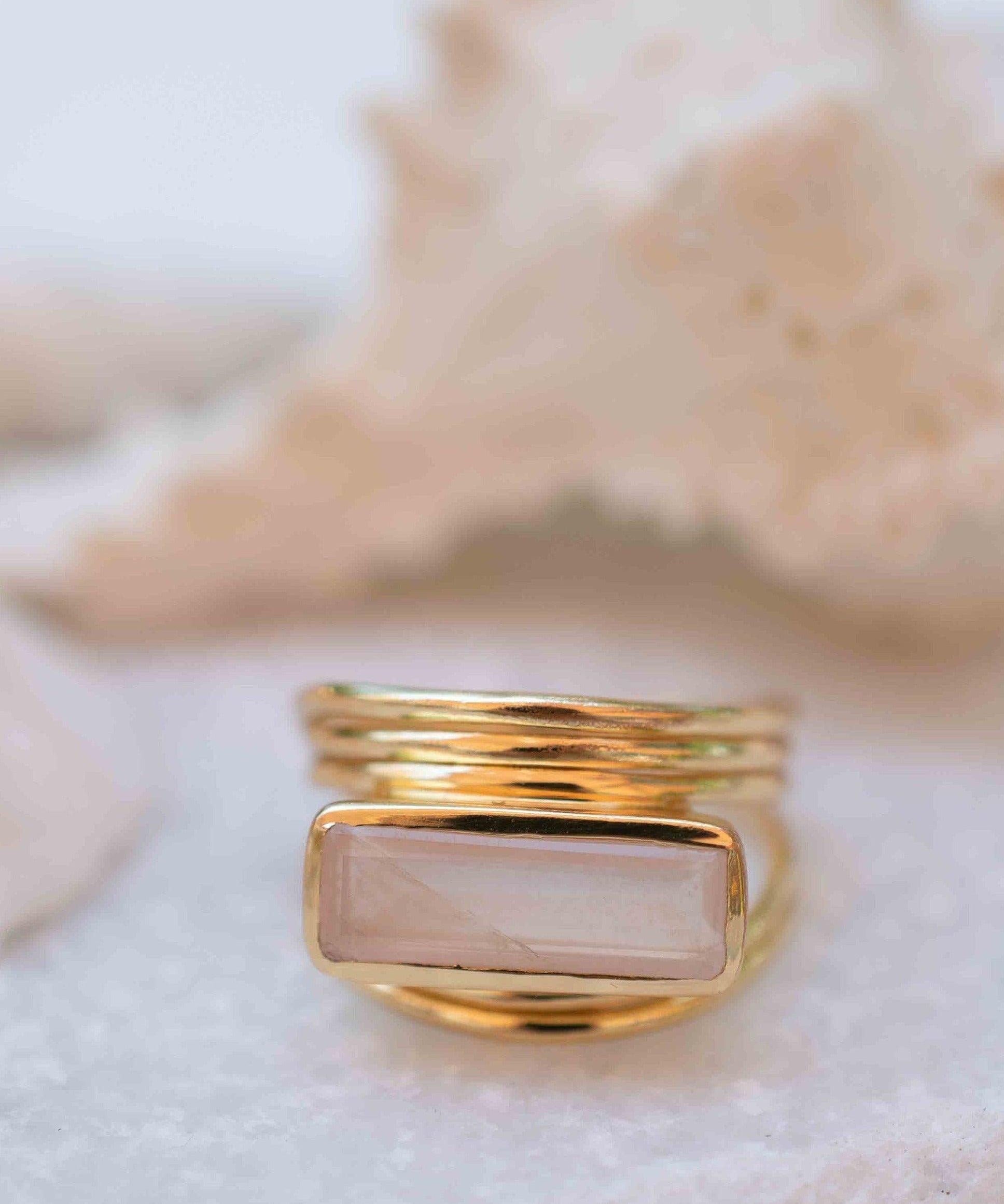 Rose Quartz Rectangular Ring ~ Gemstone ~ Natural ~ 18k Gold Plated ~ Jewelry ~ Handmade~ January Birthstone - MR300
