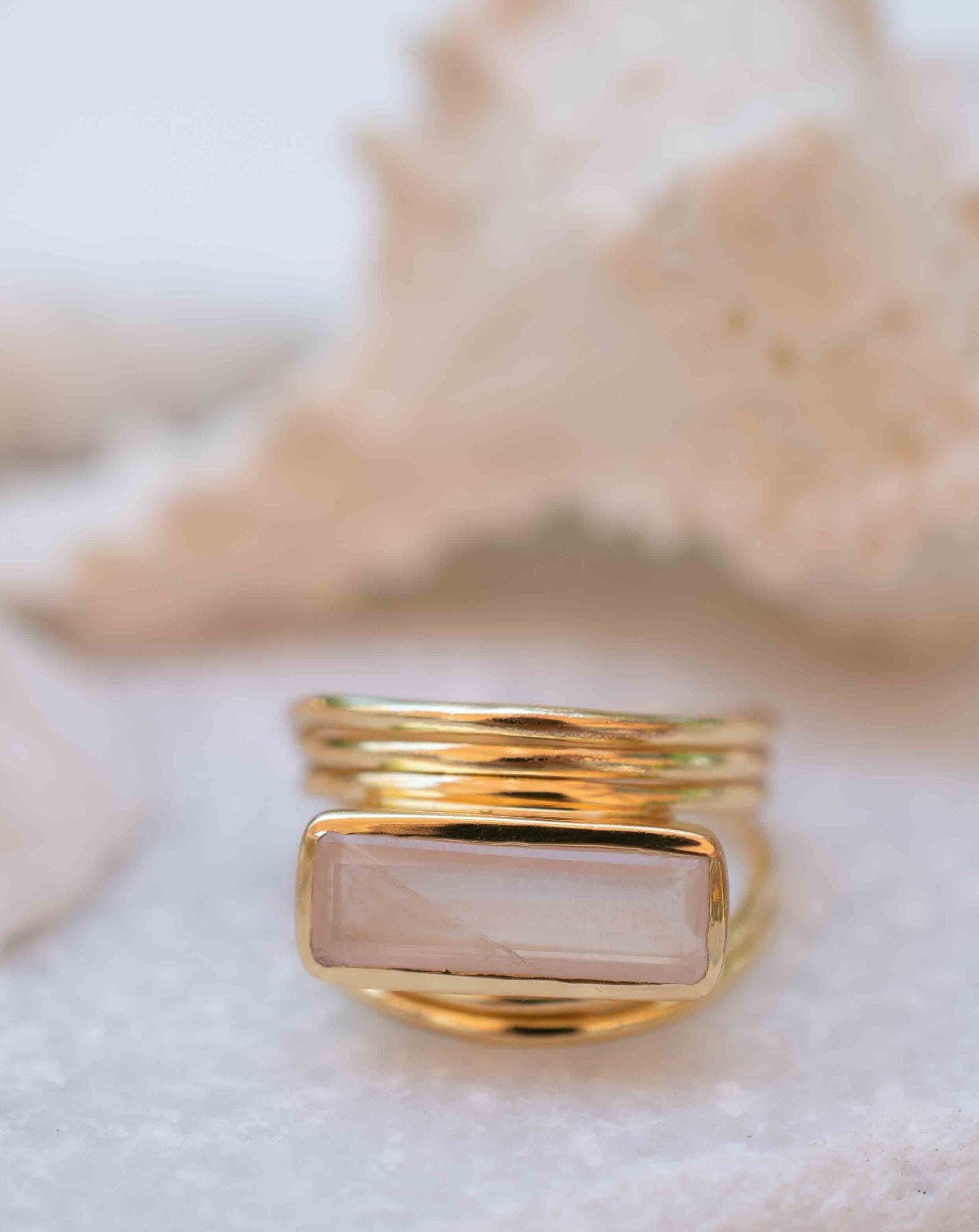 Rose Quartz Rectangular Ring ~ Gemstone ~ Natural ~ 18k Gold Plated ~ Jewelry ~ Handmade~ January Birthstone - MR300