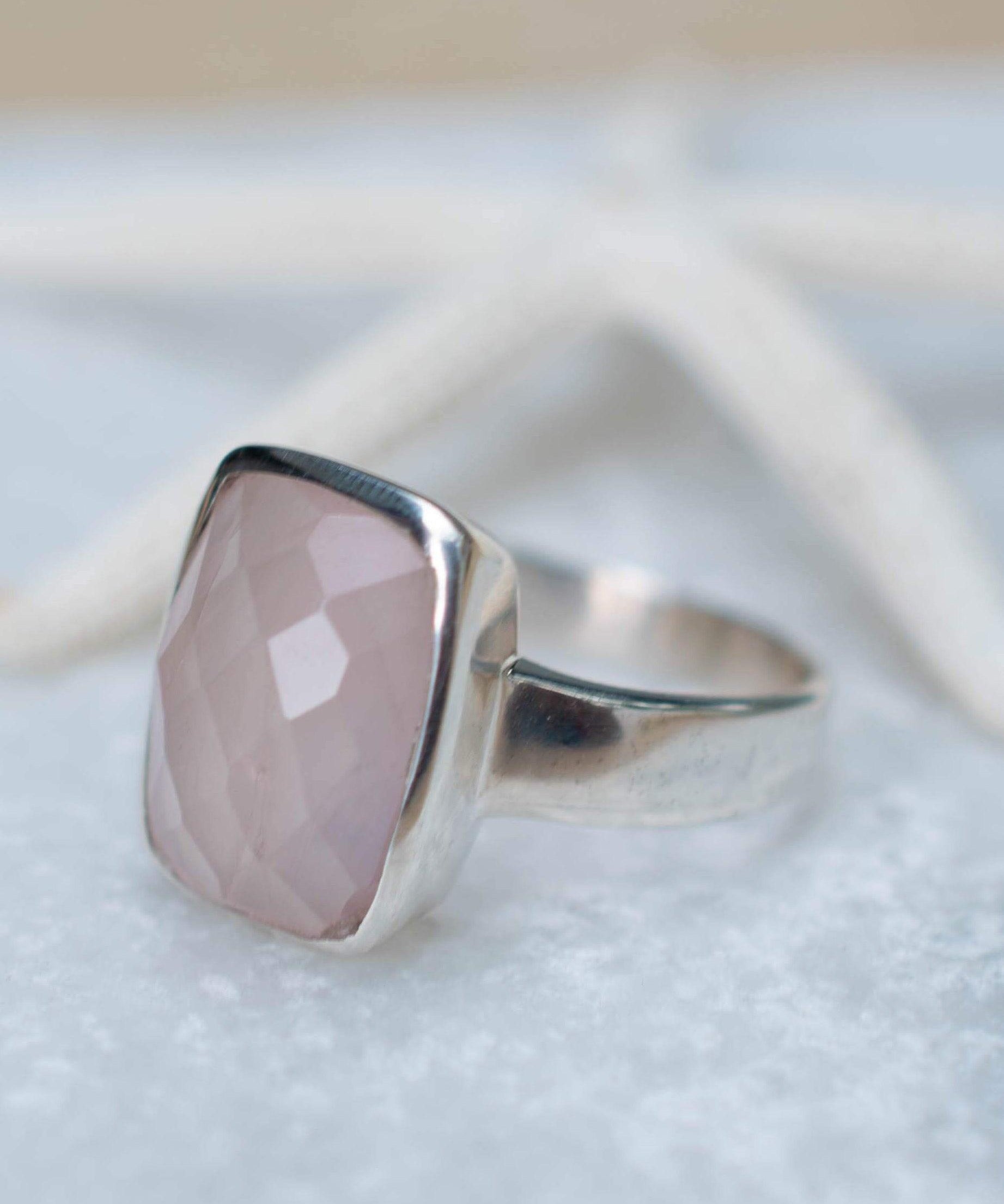 Rose Quartz Ring ~ Rectangular ring ~ Sterling Silver 925 ~ Gemstone~Jewelry ~ Statement ~ Boho ~ Handmade ~ Bohemian ~Hippie ~Gypsy ~ MR222