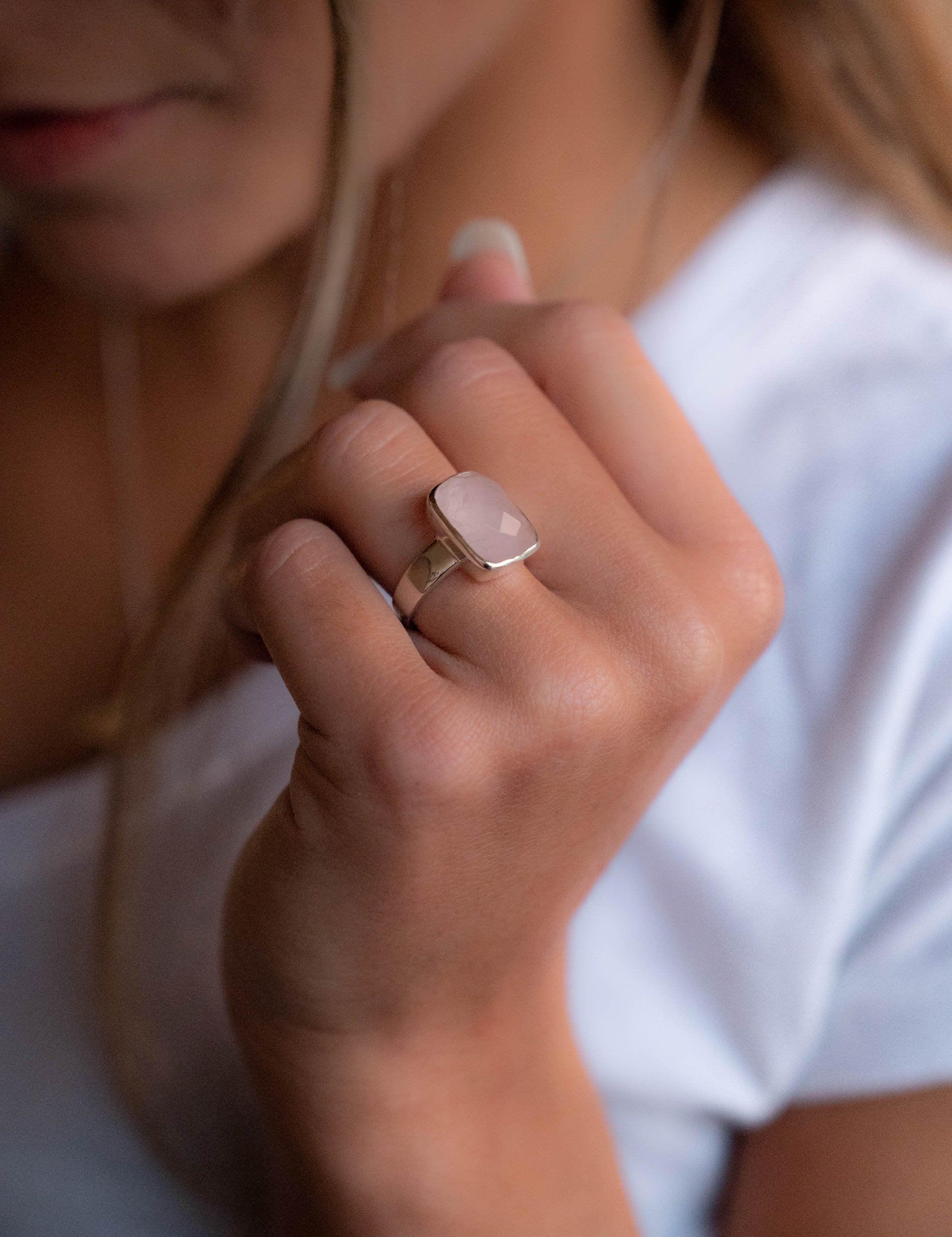 Rose Quartz Ring ~ Rectangular ring ~ Sterling Silver 925 ~ Gemstone~Jewelry ~ Statement ~ Boho ~ Handmade ~ Bohemian ~Hippie ~Gypsy ~ MR222