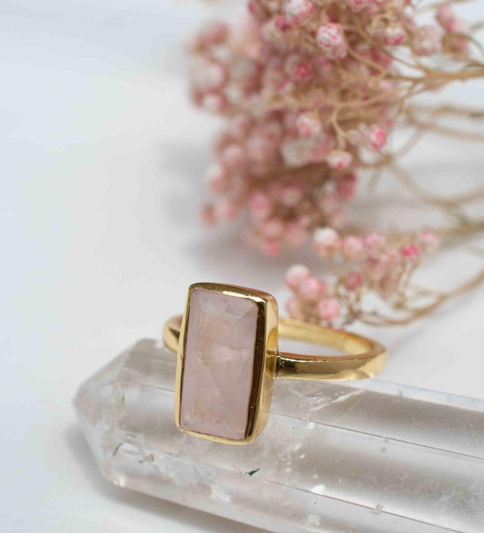 Rose Quartz Tear Drop Ring ~ Gemstone ~ Natural ~ 18k Gold Plated ~ Jewelry ~ Handmade~ January Birthstone - MR138
