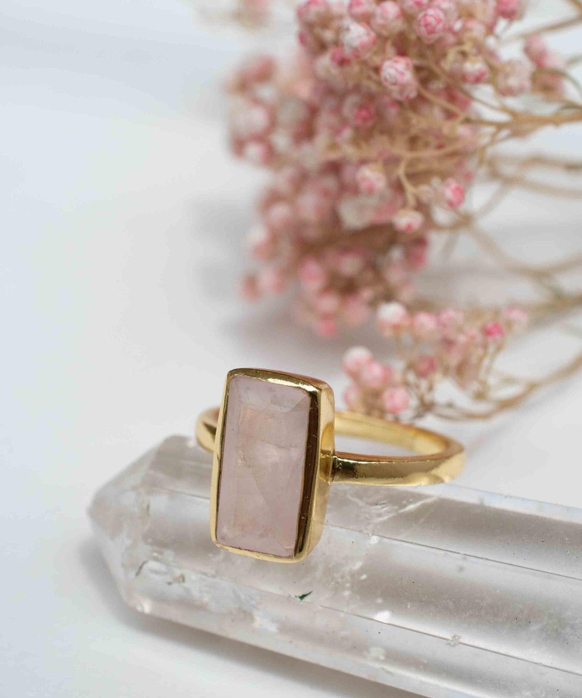 Rose Quartz Tear Drop Ring ~ Gemstone ~ Natural ~ 18k Gold Plated ~ Jewelry ~ Handmade~ January Birthstone - MR138