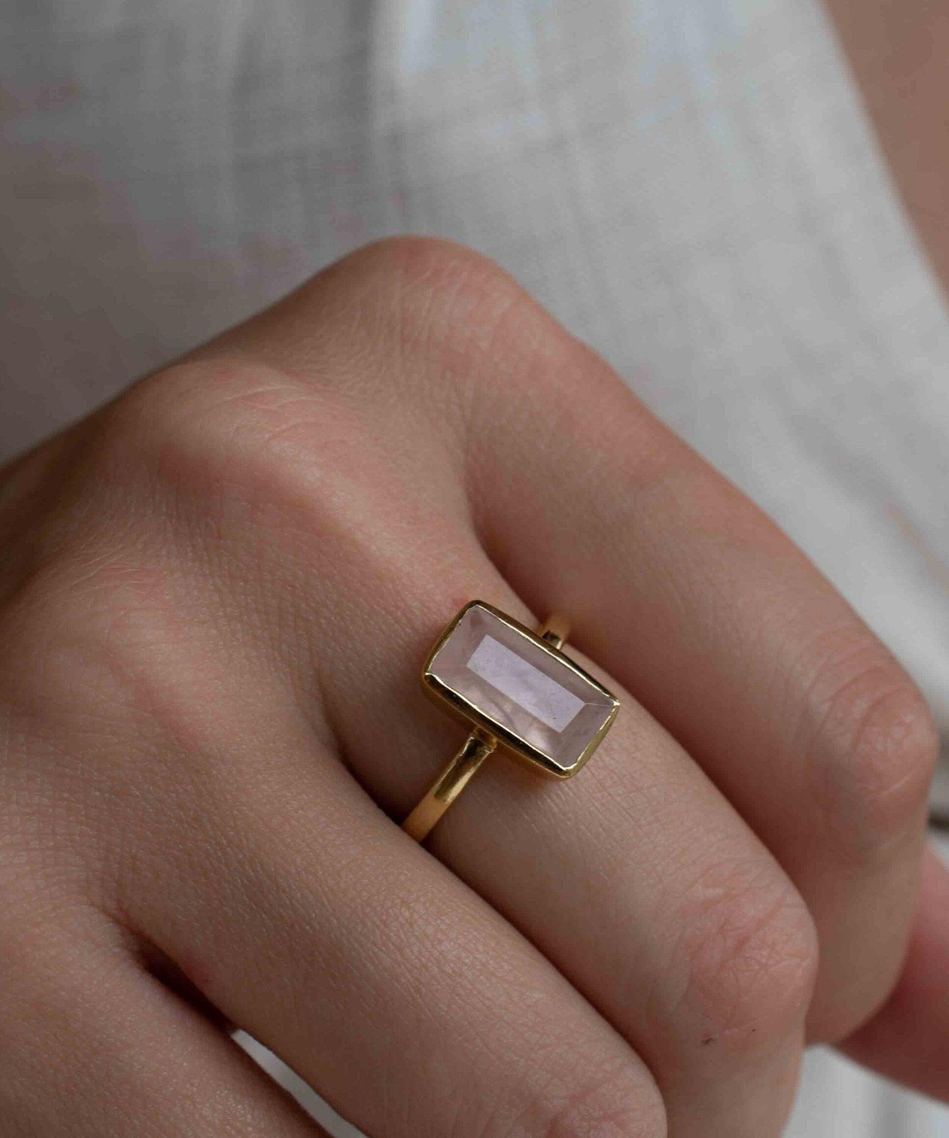 Rose Quartz Tear Drop Ring ~ Gemstone ~ Natural ~ 18k Gold Plated ~ Jewelry ~ Handmade~ January Birthstone - MR138