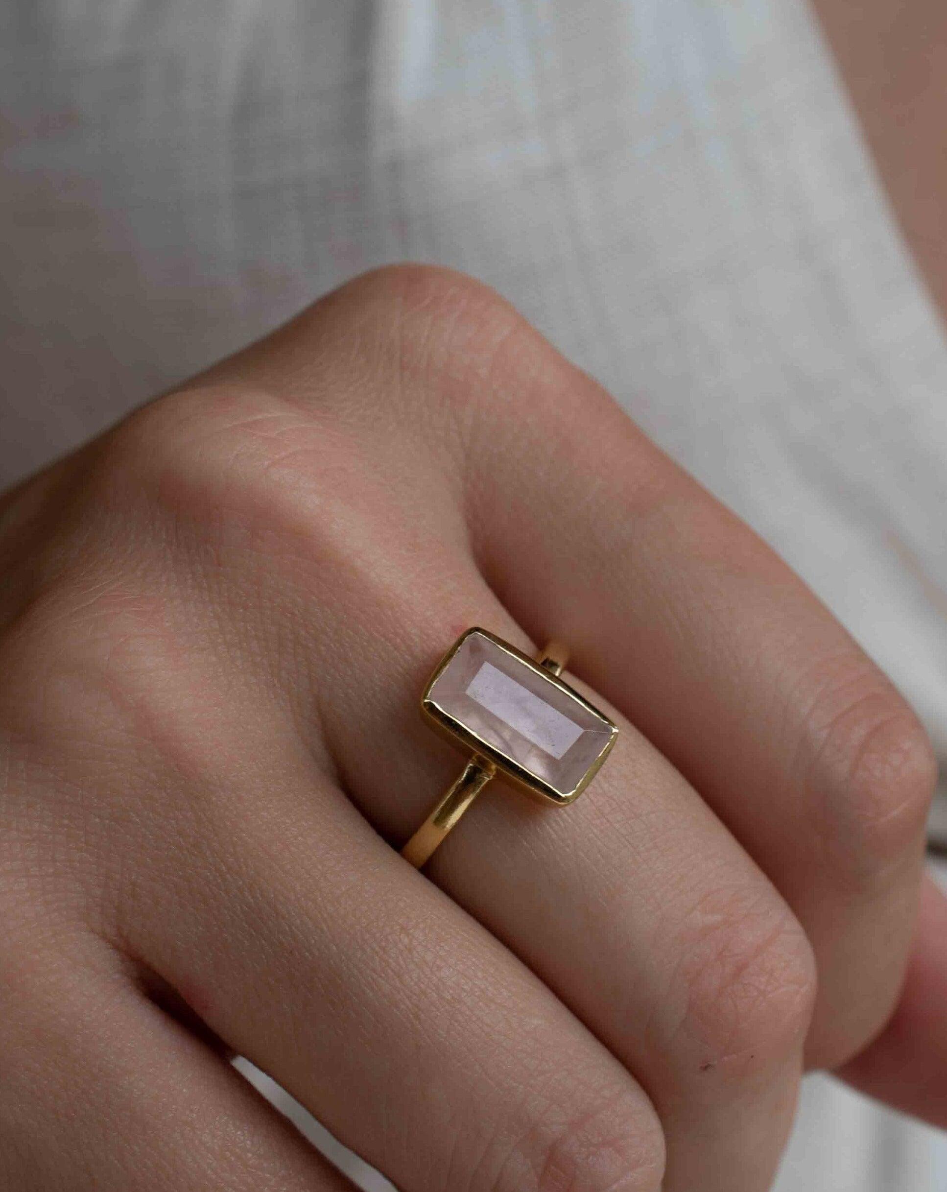Rose Quartz Tear Drop Ring ~ Gemstone ~ Natural ~ 18k Gold Plated ~ Jewelry ~ Handmade~ January Birthstone - MR138