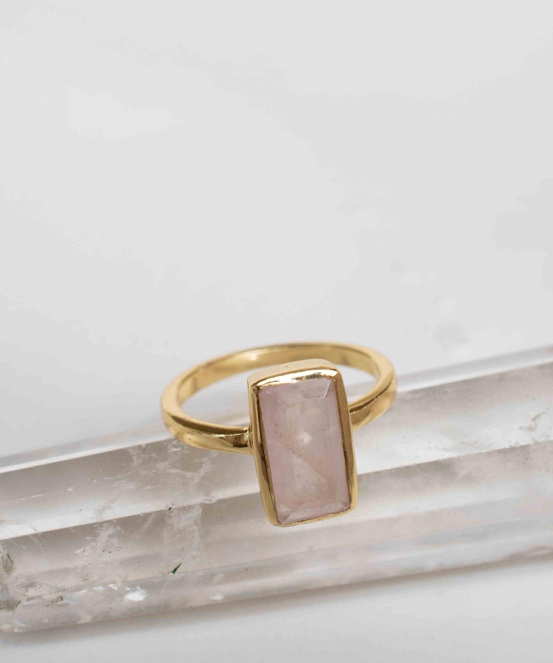 Rose Quartz Tear Drop Ring ~ Gemstone ~ Natural ~ 18k Gold Plated ~ Jewelry ~ Handmade~ January Birthstone - MR138