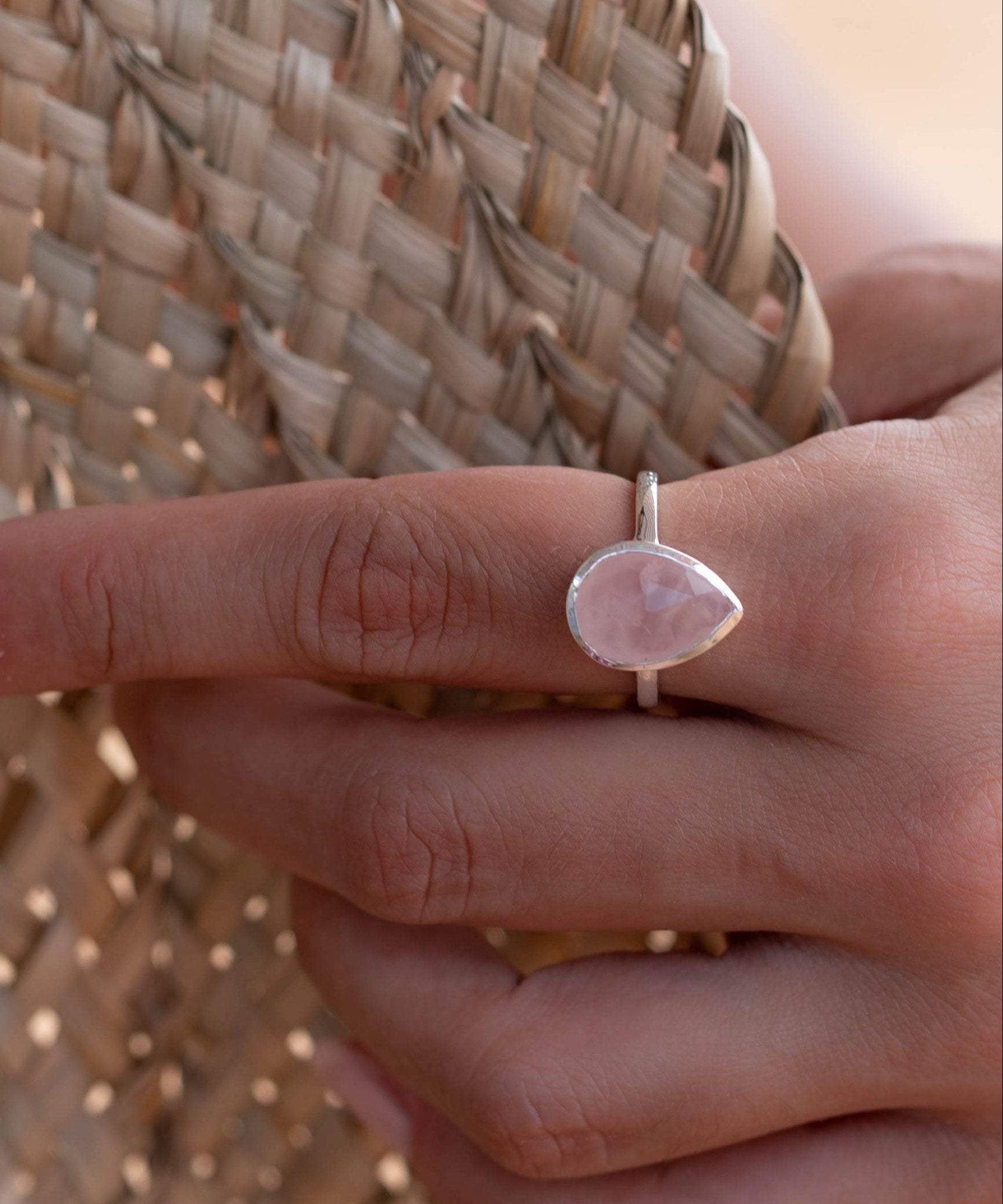 Rose Quartz Tear Drop Ring ~ Gemstone ~ Natural ~ Sterling Silver 925 ~ Jewelry ~ Handmade~ January Birthstone -MR226