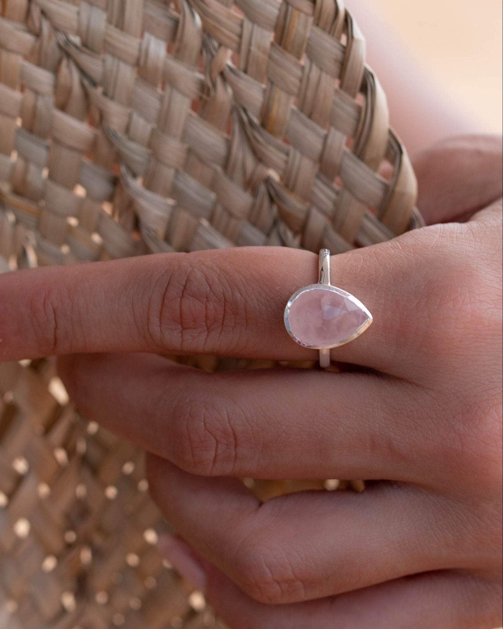 Rose Quartz Tear Drop Ring ~ Gemstone ~ Natural ~ Sterling Silver 925 ~ Jewelry ~ Handmade~ January Birthstone -MR226