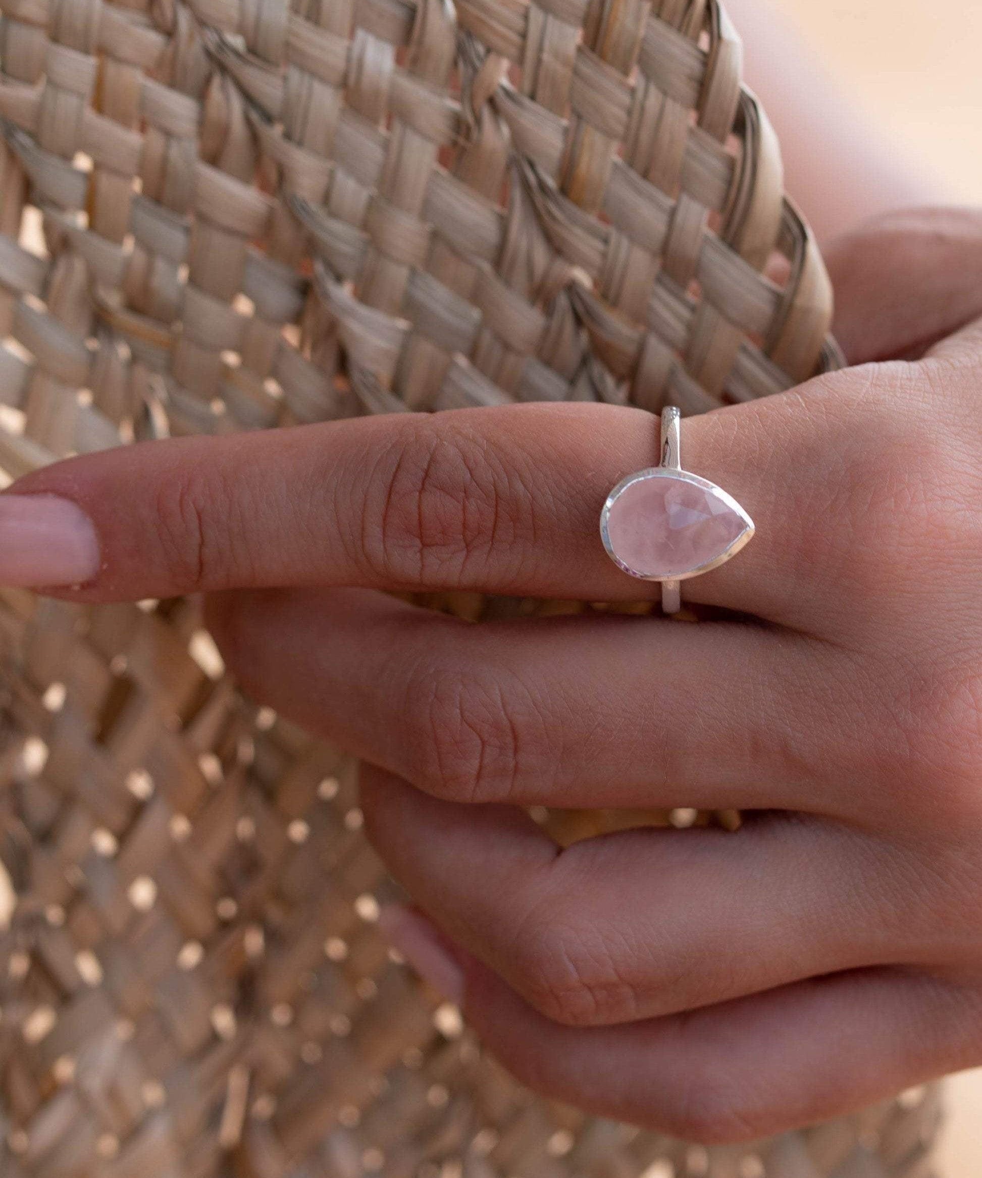 Rose Quartz Tear Drop Ring ~ Gemstone ~ Natural ~ Sterling Silver 925 ~ Jewelry ~ Handmade~ January Birthstone -MR226