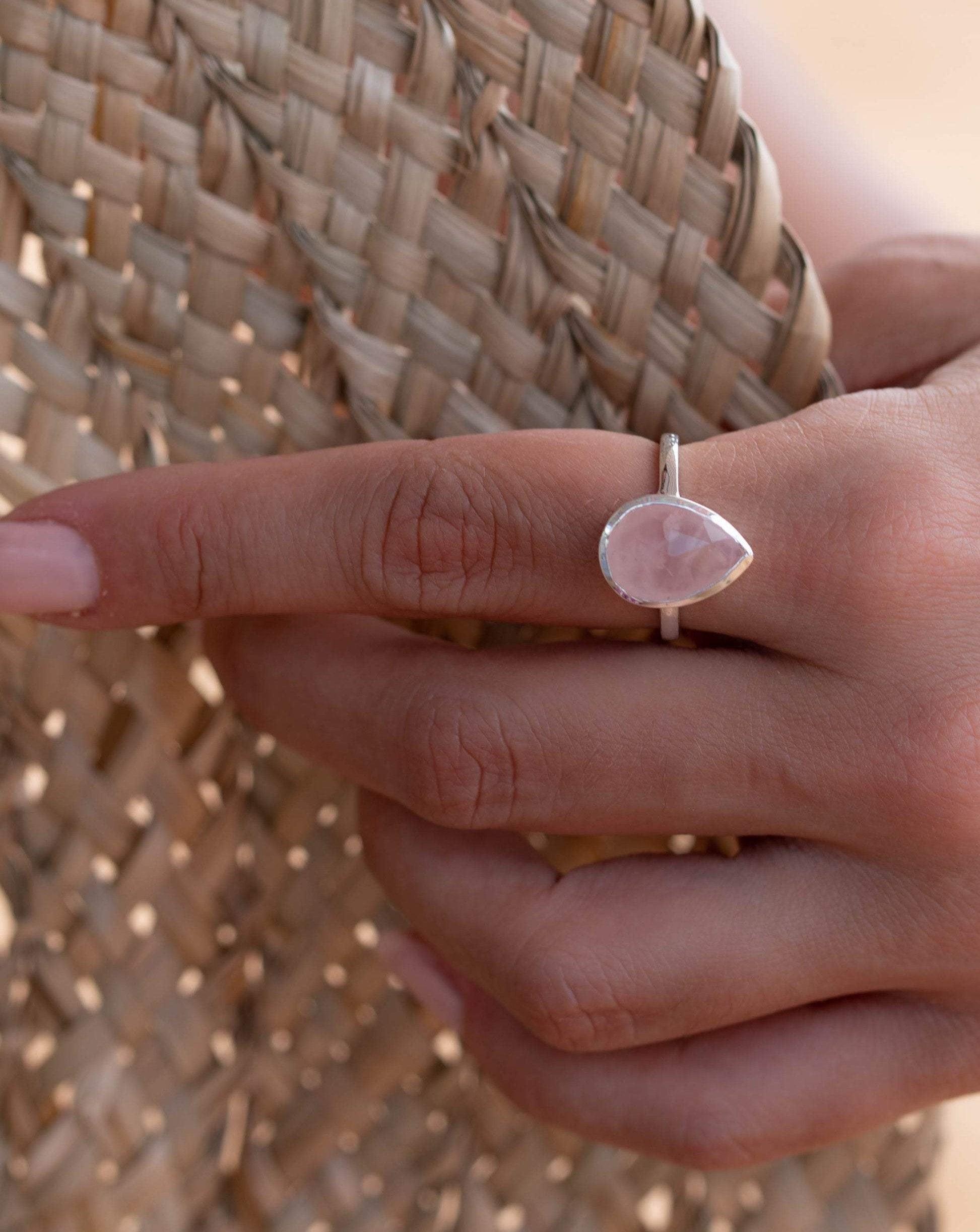 Rose Quartz Tear Drop Ring ~ Gemstone ~ Natural ~ Sterling Silver 925 ~ Jewelry ~ Handmade~ January Birthstone -MR226