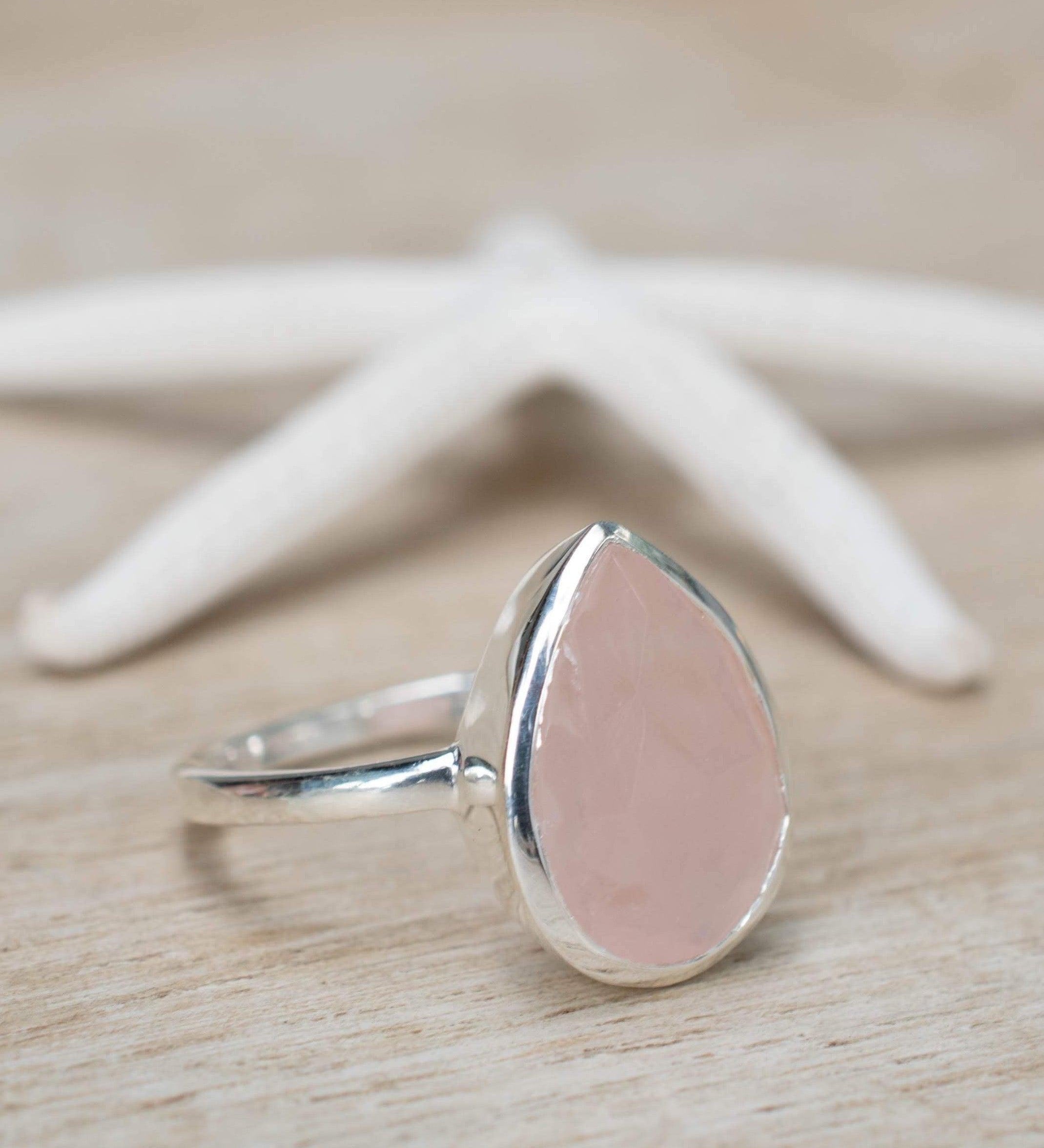 Rose Quartz Tear Drop Ring ~ Gemstone ~ Natural ~ Sterling Silver 925 ~ Jewelry ~ Handmade~ January Birthstone -MR226