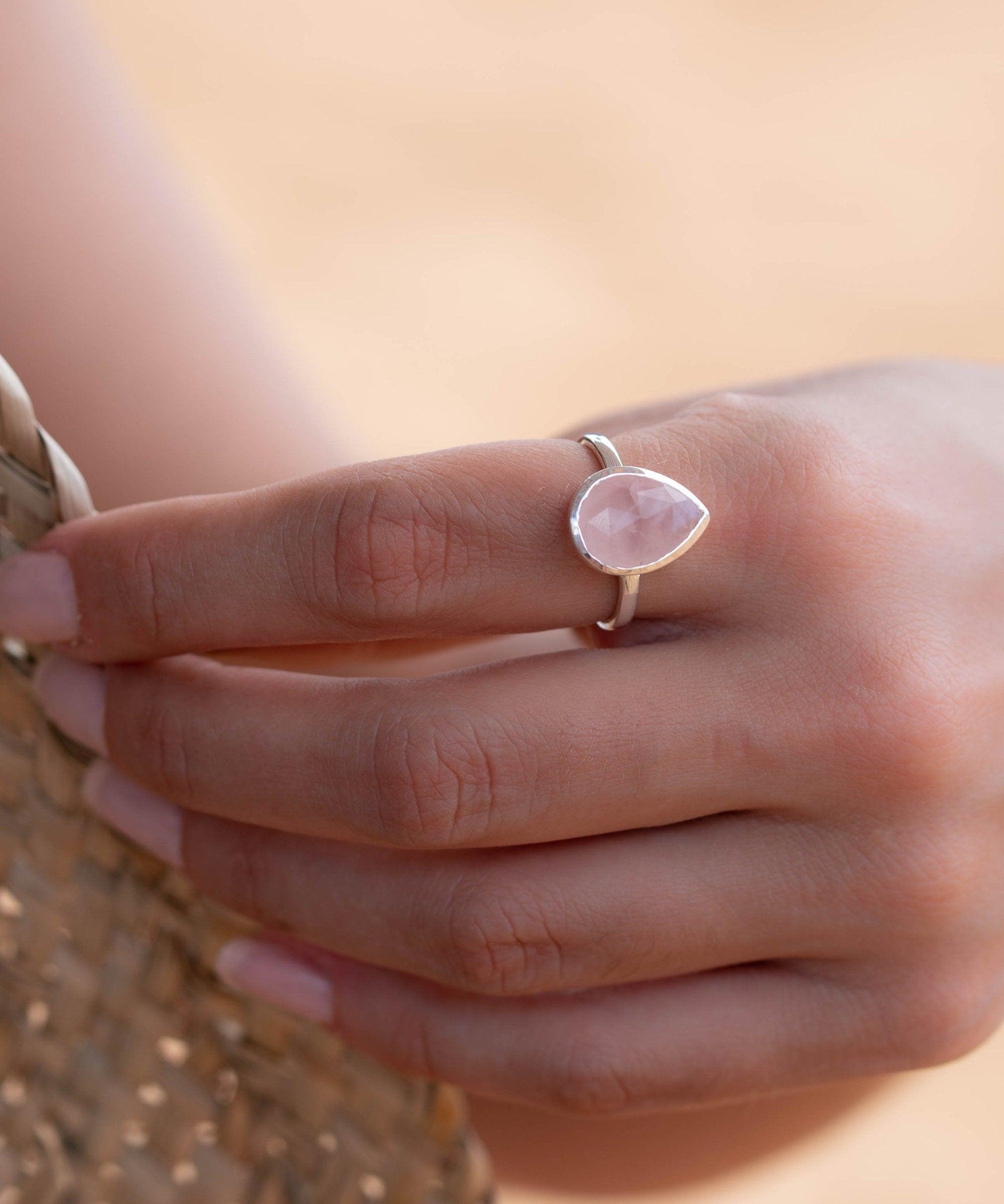 Rose Quartz Tear Drop Ring ~ Gemstone ~ Natural ~ Sterling Silver 925 ~ Jewelry ~ Handmade~ January Birthstone -MR226