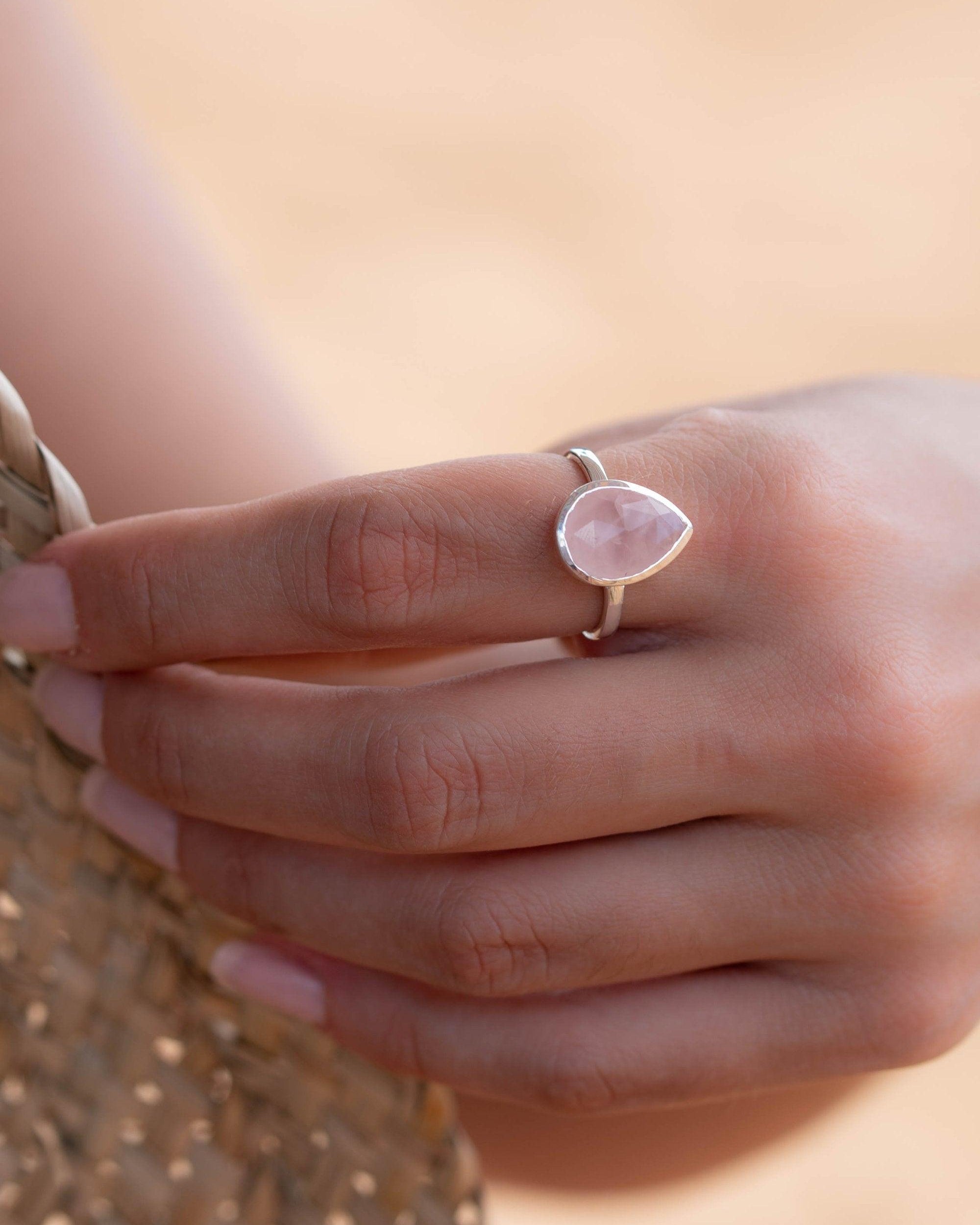 Rose Quartz Tear Drop Ring ~ Gemstone ~ Natural ~ Sterling Silver 925 ~ Jewelry ~ Handmade~ January Birthstone -MR226
