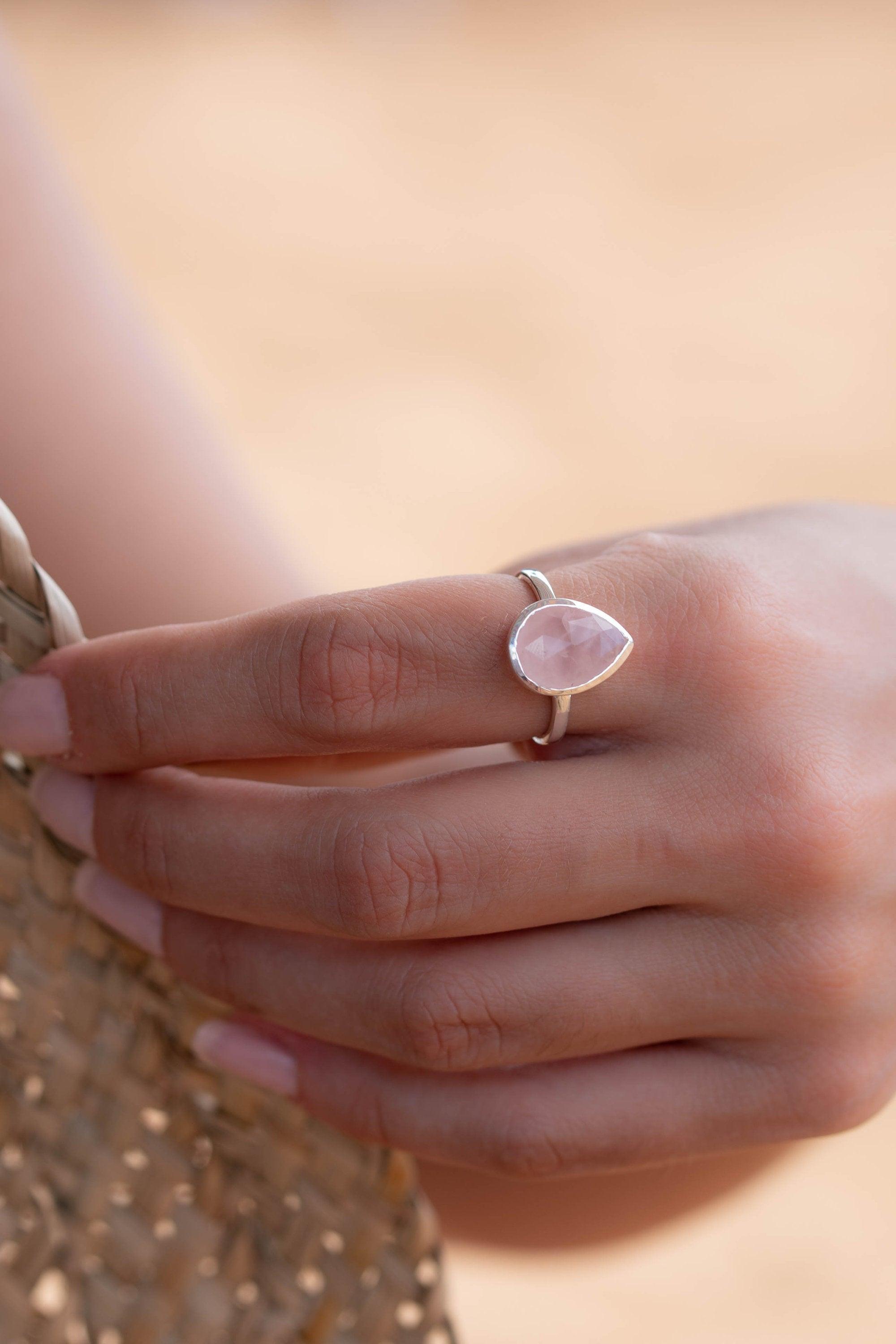 Rose Quartz Tear Drop Ring ~ Gemstone ~ Natural ~ Sterling Silver 925 ~ Jewelry ~ Handmade~ January Birthstone -MR226