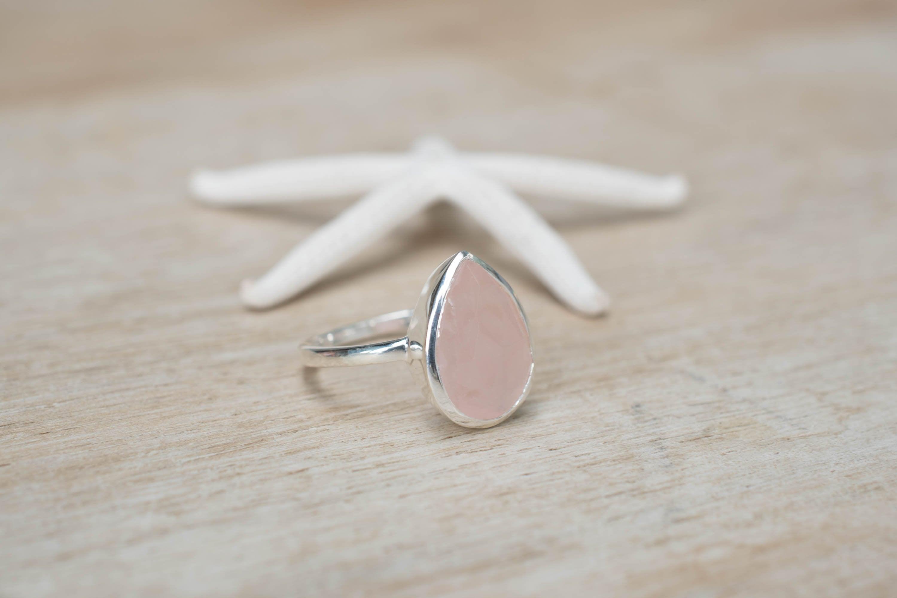 Rose Quartz Tear Drop Ring ~ Gemstone ~ Natural ~ Sterling Silver 925 ~ Jewelry ~ Handmade~ January Birthstone -MR226