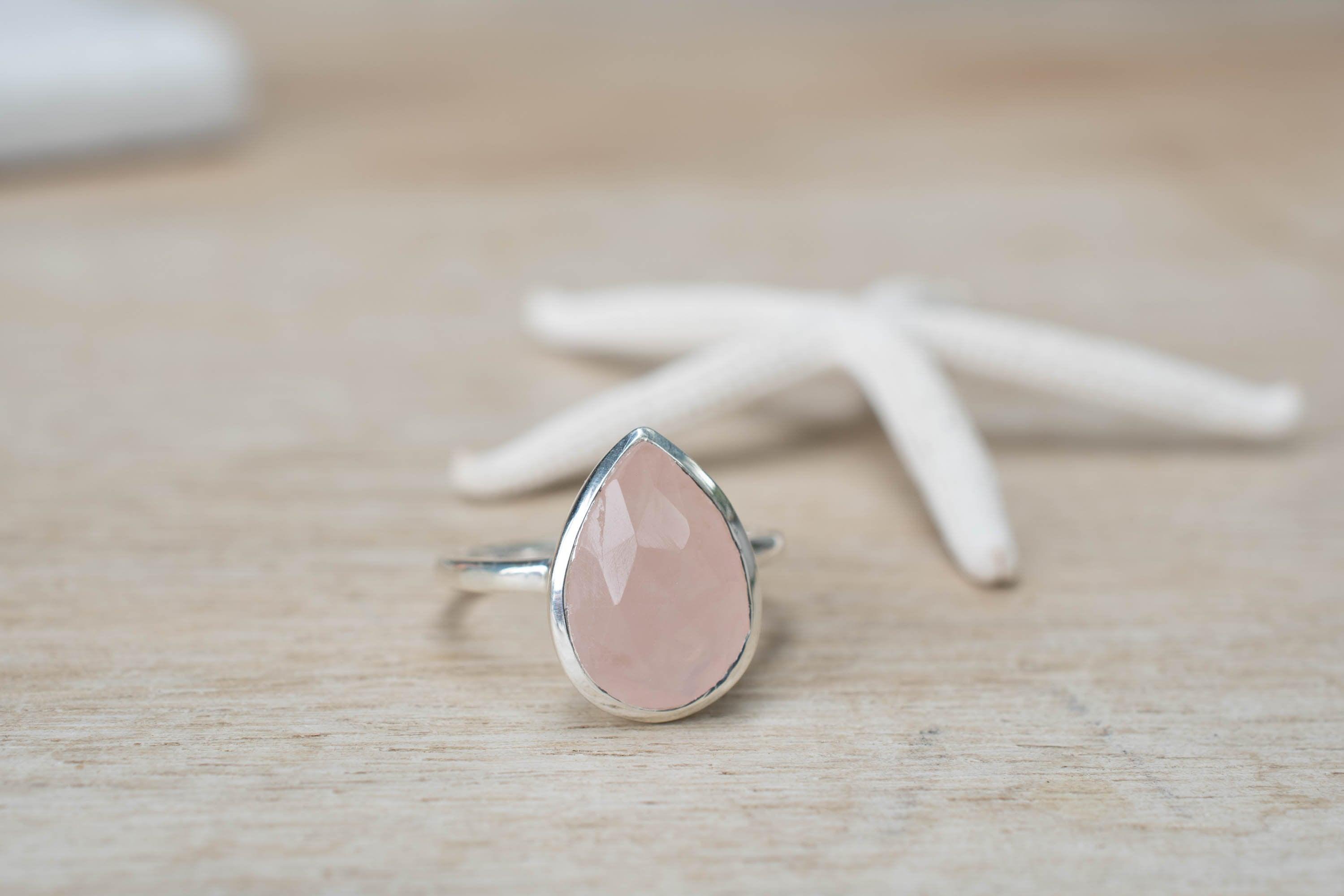 Rose Quartz Tear Drop Ring ~ Gemstone ~ Natural ~ Sterling Silver 925 ~ Jewelry ~ Handmade~ January Birthstone -MR226