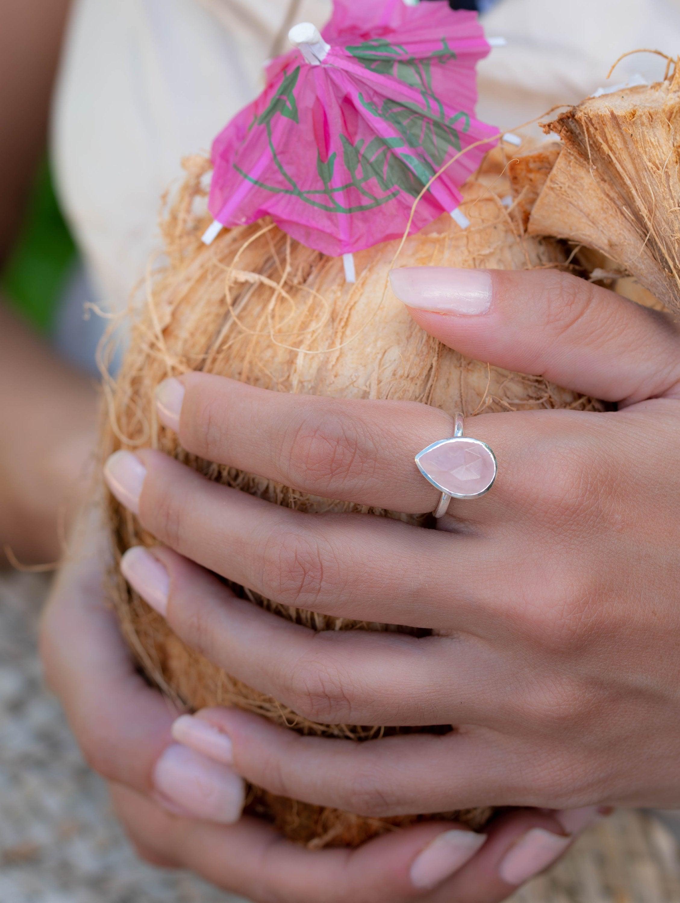 Rose Quartz Tear Drop Ring ~ Gemstone ~ Natural ~ Sterling Silver 925 ~ Jewelry ~ Handmade~ January Birthstone -MR226