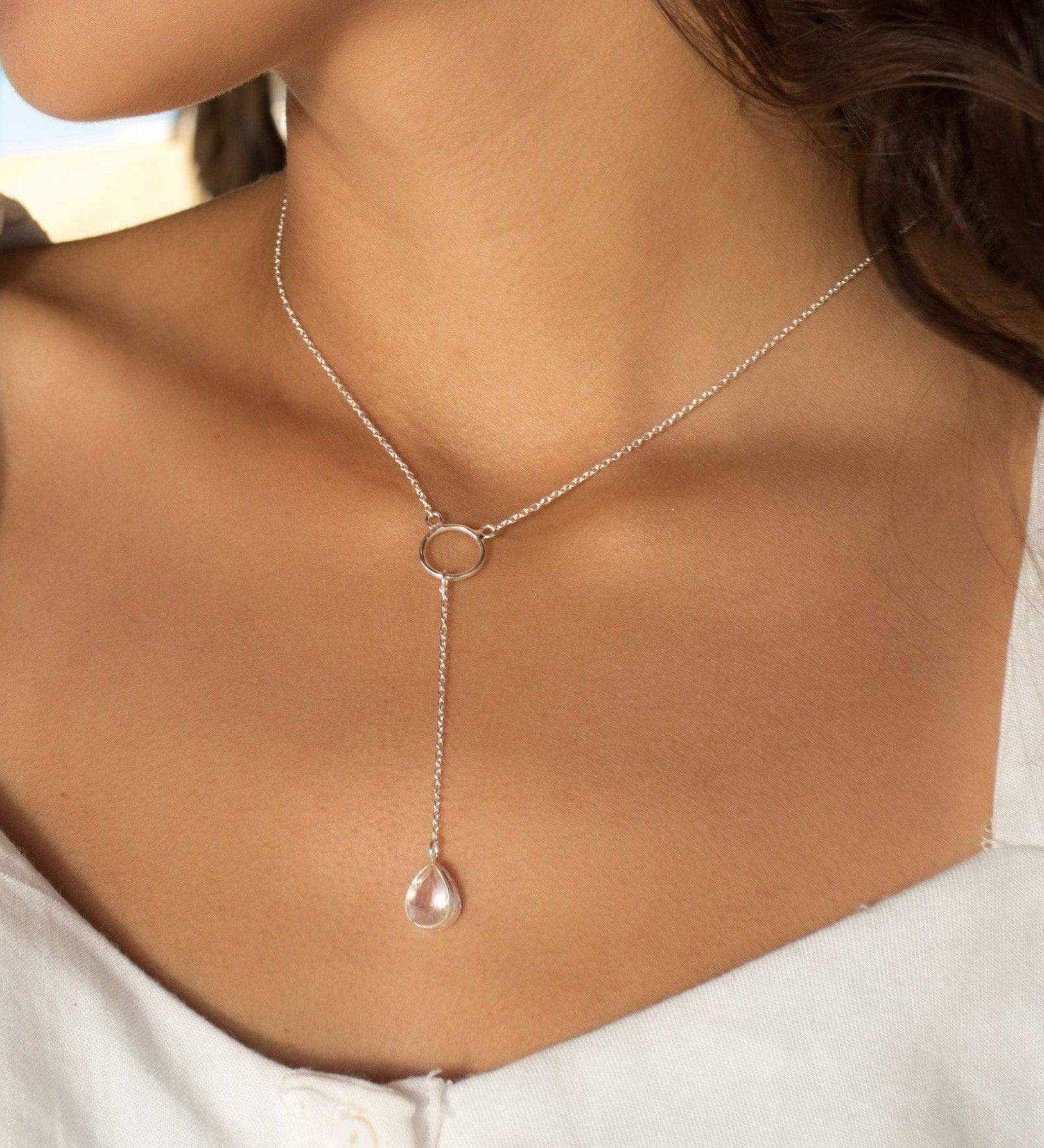 Rose Quartz Y Necklace ~ Sterling Silver 925 - Maresia Jewelry