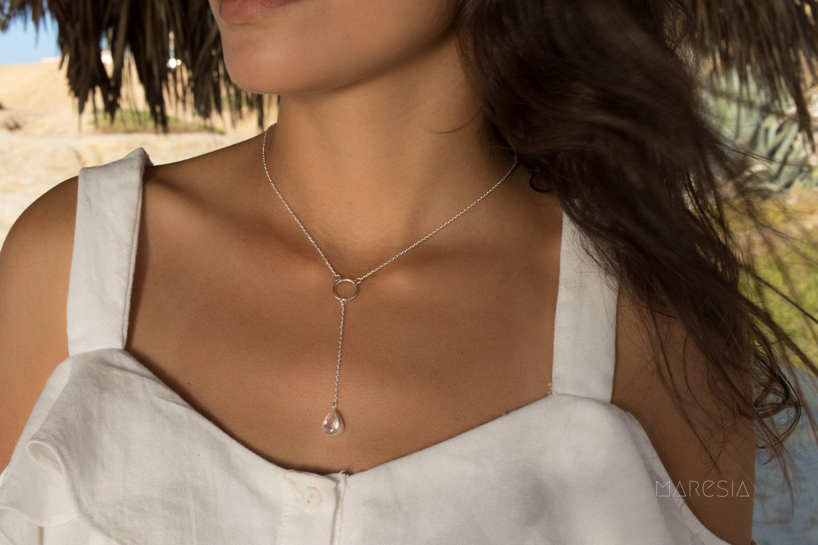 Rose Quartz Y Necklace ~ Sterling Silver 925 - Maresia Jewelry