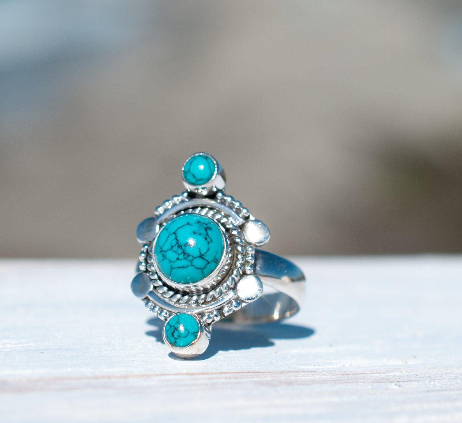Round Turquoise Ring ~ Sterling Silver 925 ~ MR121 - Maresia Jewelry