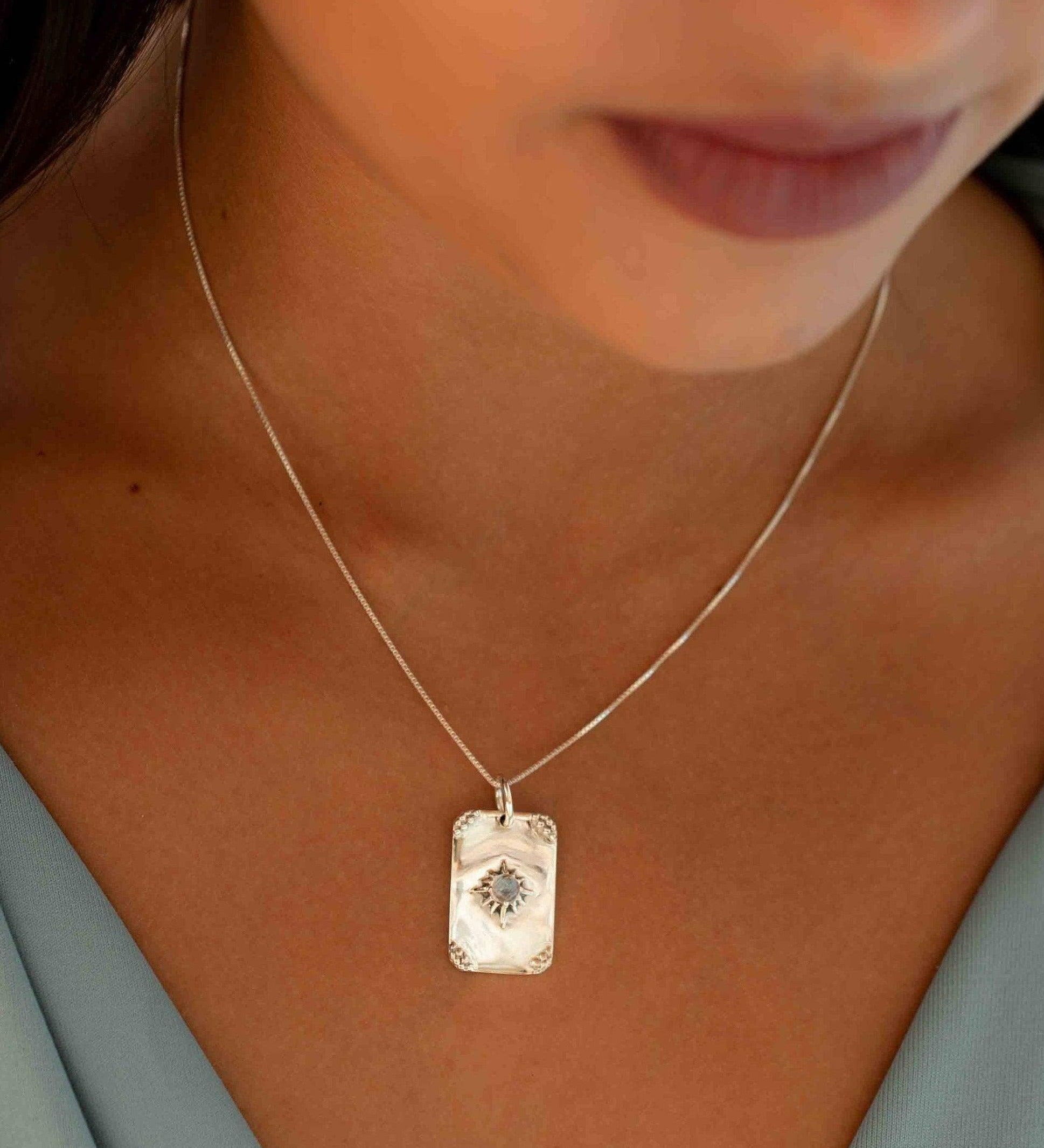 Turquoise or Moonstone Pendant ~ Rectangular ~ Sterling Silver 925  ~ Delicate ~ Bohemian ~  Charm ~ MN082