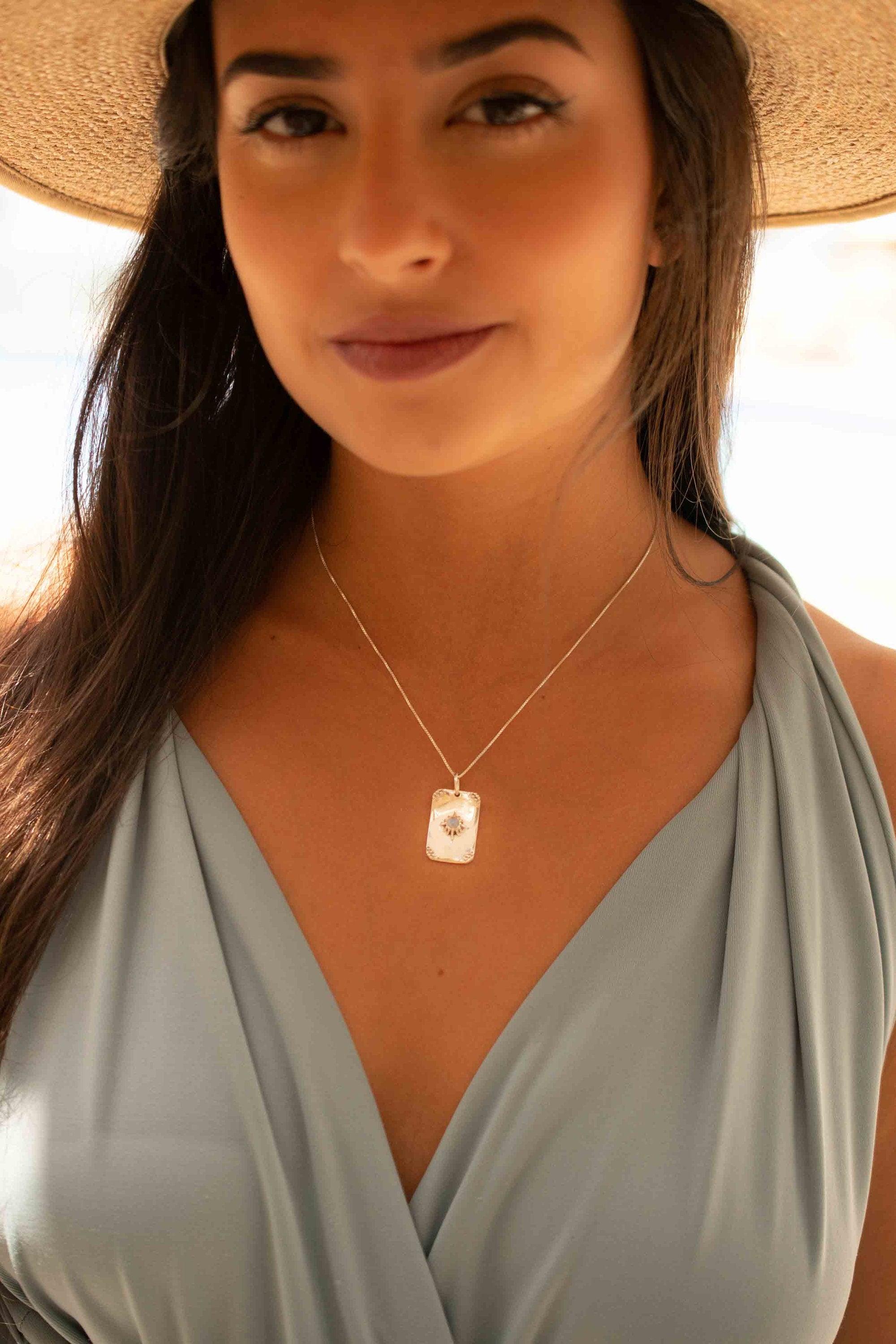 Turquoise or Moonstone Pendant ~ Rectangular ~ Sterling Silver 925  ~ Delicate ~ Bohemian ~  Charm ~ MN082