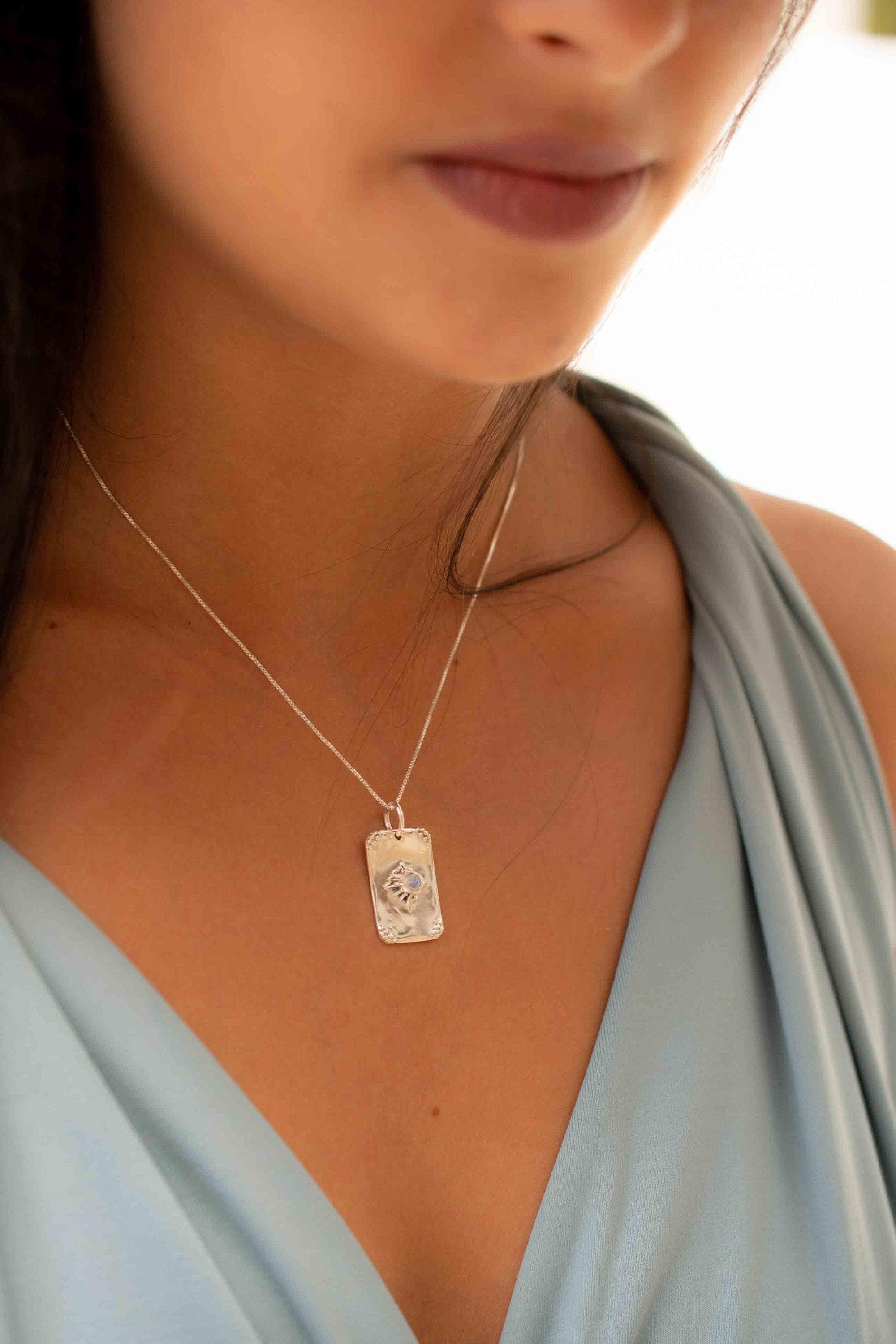 Turquoise or Moonstone Pendant ~ Rectangular ~ Sterling Silver 925  ~ Delicate ~ Bohemian ~  Charm ~ MN082