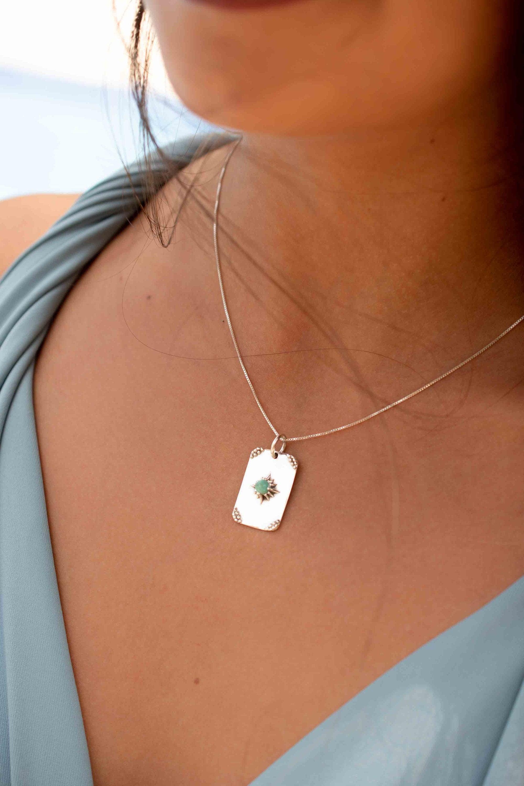 Turquoise or Moonstone Pendant ~ Rectangular ~ Sterling Silver 925  ~ Delicate ~ Bohemian ~  Charm ~ MN082