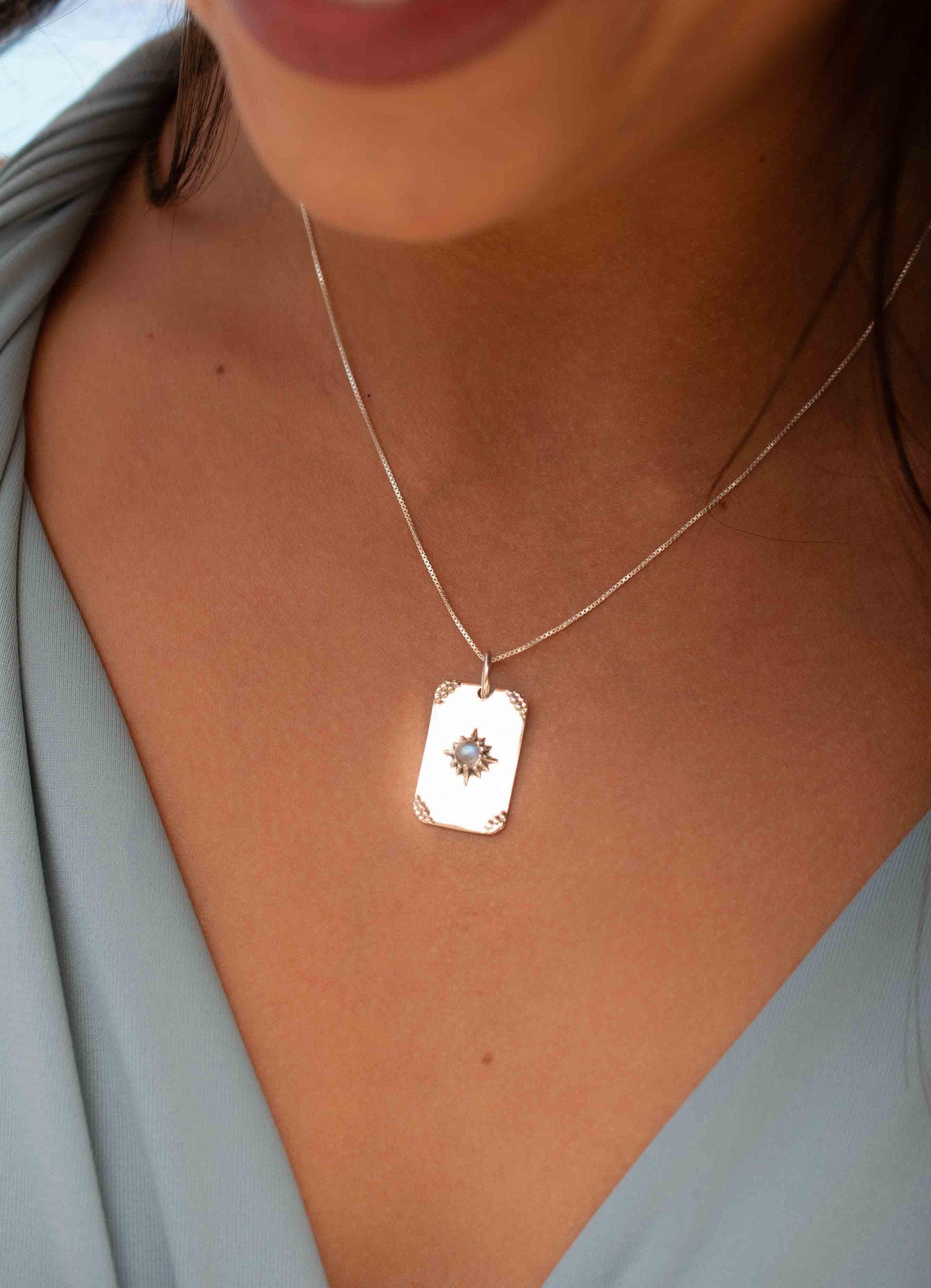 Turquoise or Moonstone Pendant ~ Rectangular ~ Sterling Silver 925  ~ Delicate ~ Bohemian ~  Charm ~ MN082
