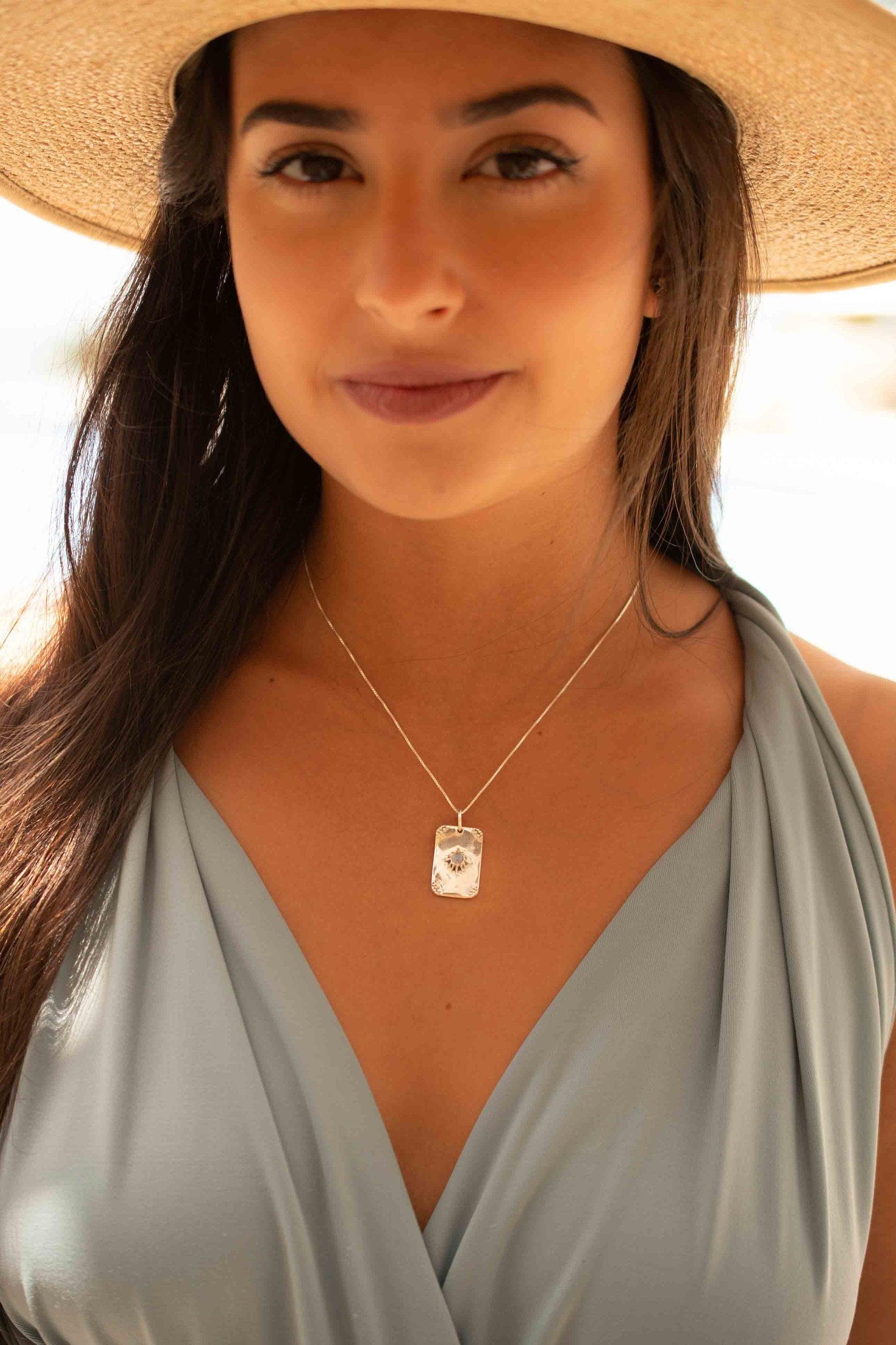 Turquoise or Moonstone Pendant ~ Rectangular ~ Sterling Silver 925  ~ Delicate ~ Bohemian ~  Charm ~ MN082