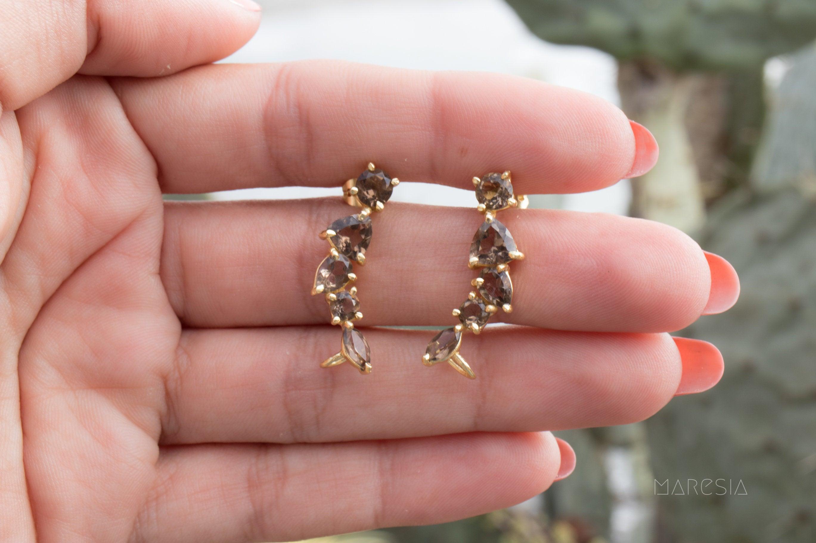 Smoky Quartz Ear Climber Earrings ~18k Gold Plated ~ ME063 - Maresia Jewelry