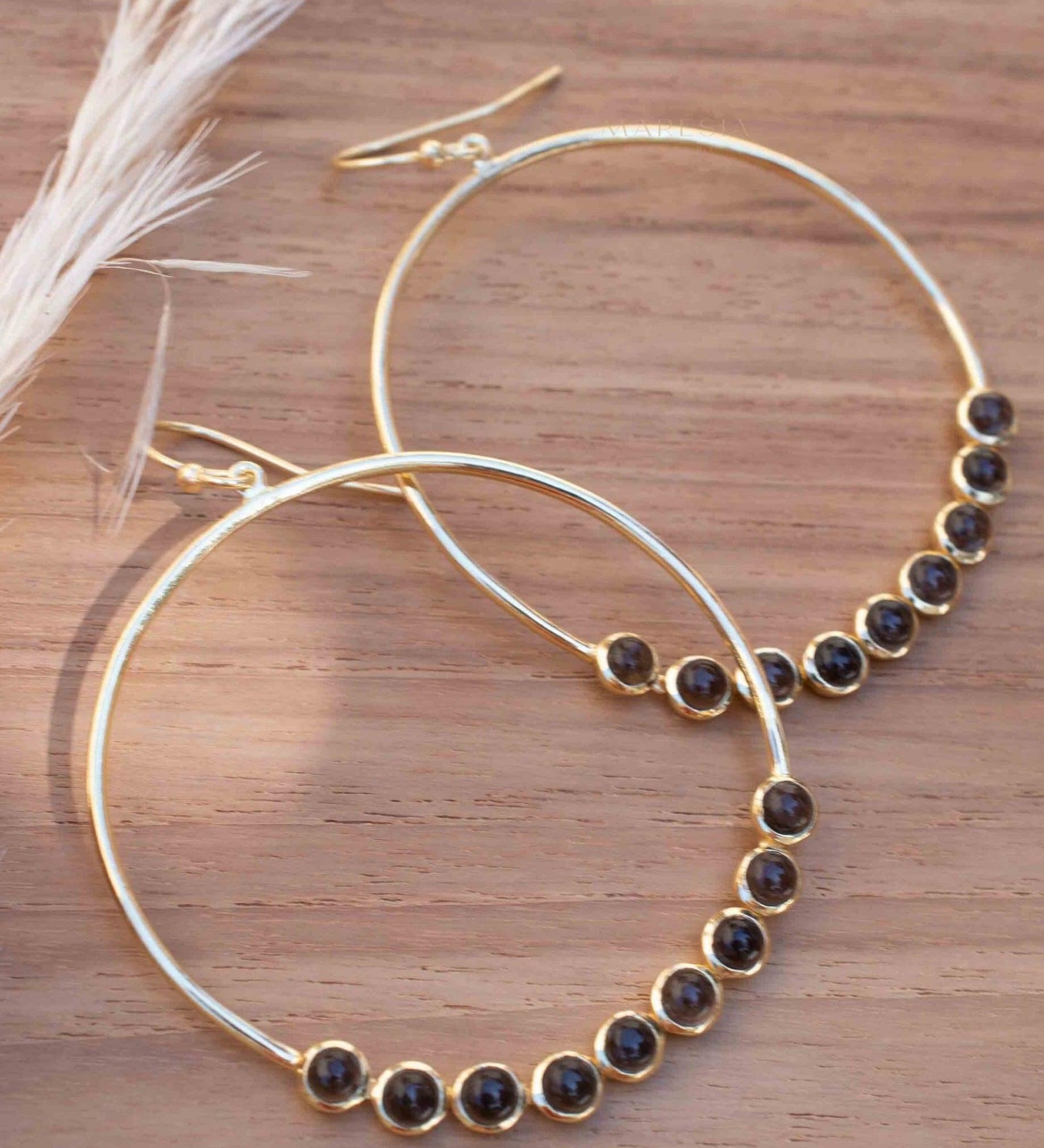 Smoky Quartz Large Round 18k Gold Plated Earrings ~ Gemstone ~ Dangle Earrings ~Boho design ~ Handmade ~ Jewelry ~ Gift for her ~ ME209