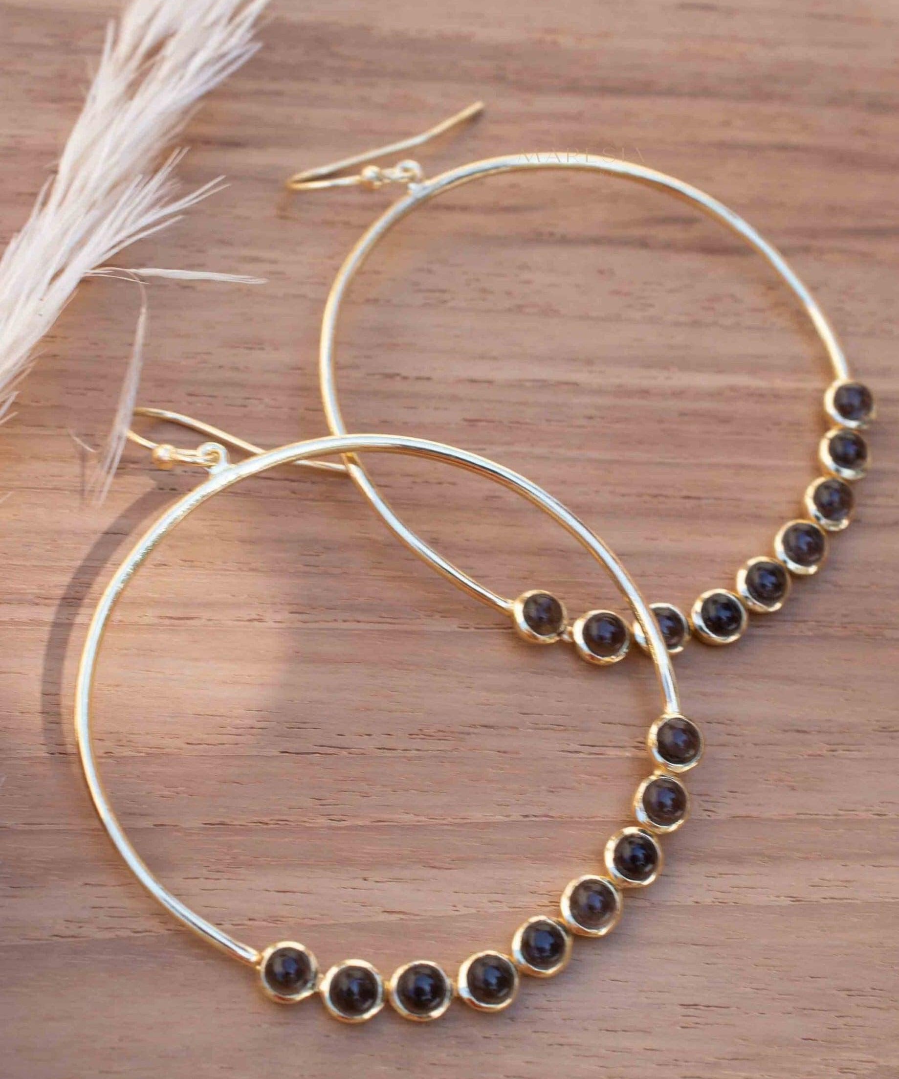 Smoky Quartz Large Round 18k Gold Plated Earrings ~ Gemstone ~ Dangle Earrings ~Boho design ~ Handmade ~ Jewelry ~ Gift for her ~ ME209