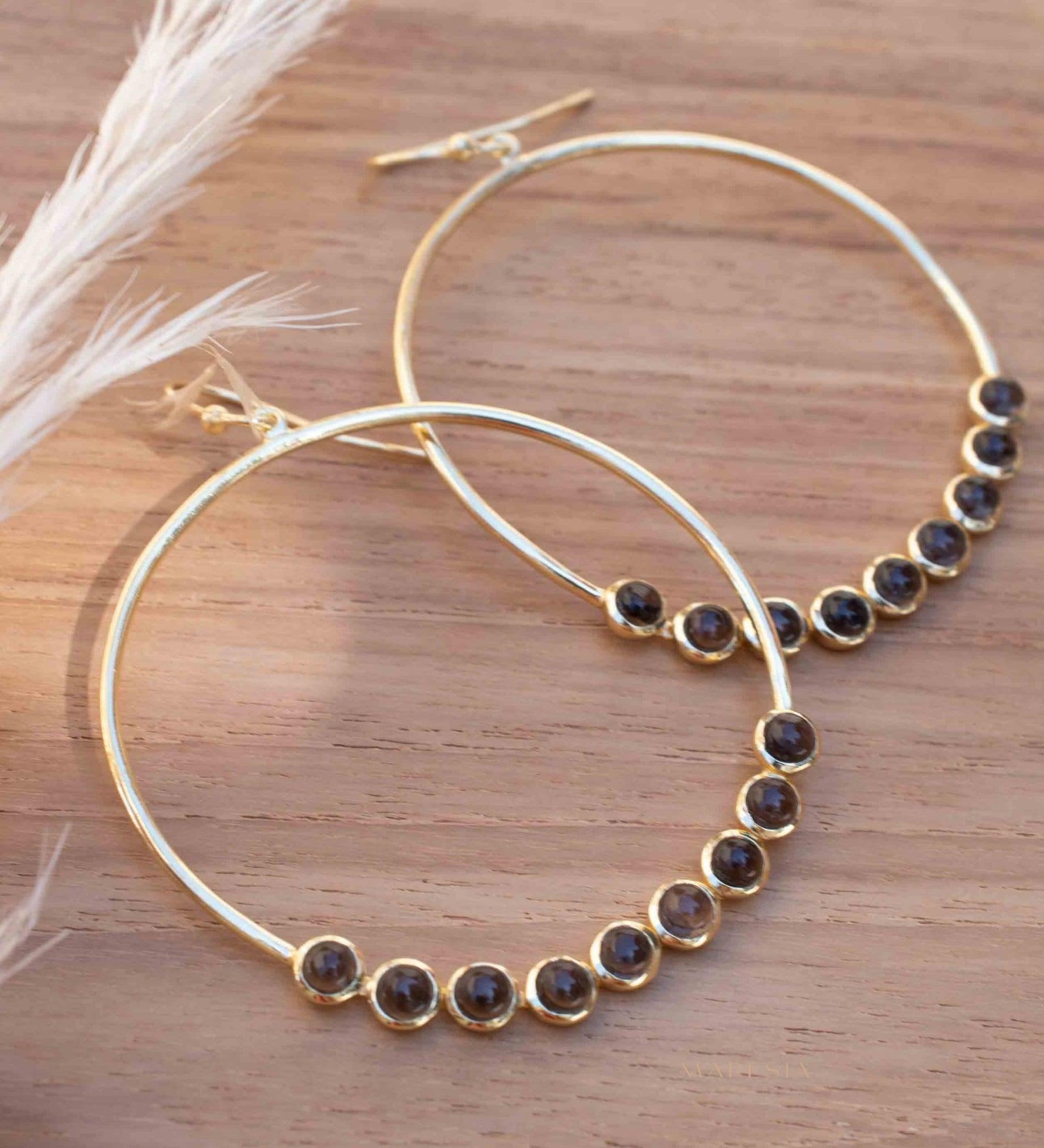 Smoky Quartz Large Round 18k Gold Plated Earrings ~ Gemstone ~ Dangle Earrings ~Boho design ~ Handmade ~ Jewelry ~ Gift for her ~ ME209