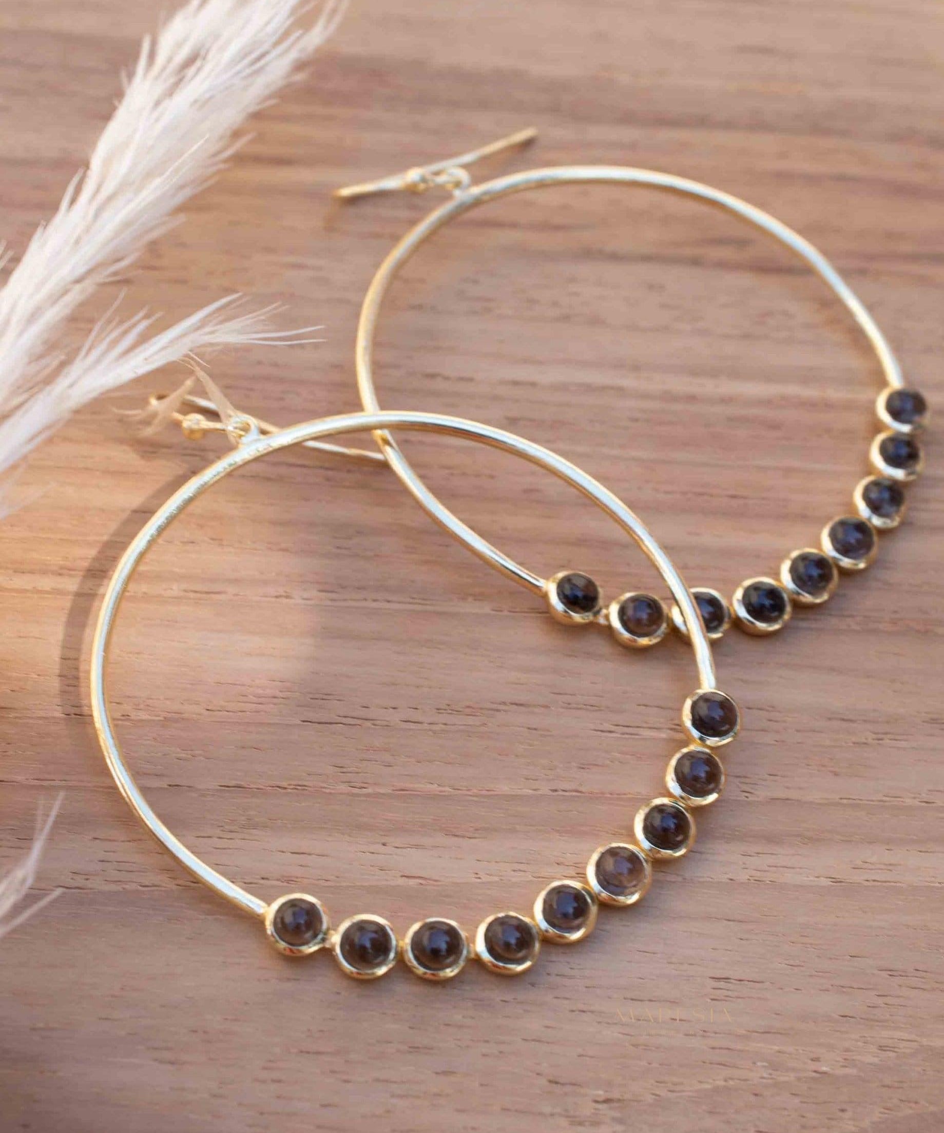 Smoky Quartz Large Round 18k Gold Plated Earrings ~ Gemstone ~ Dangle Earrings ~Boho design ~ Handmade ~ Jewelry ~ Gift for her ~ ME209