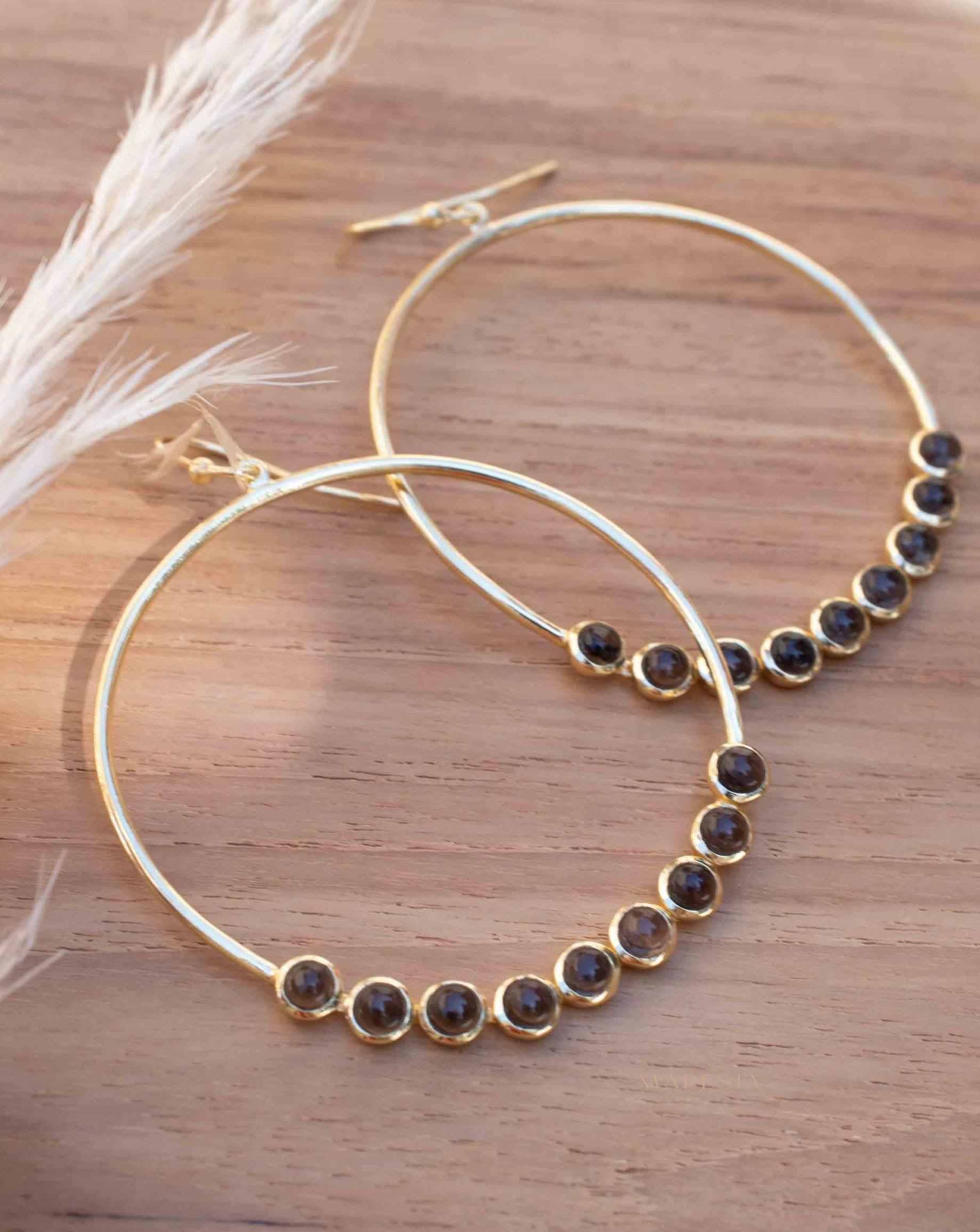 Smoky Quartz Large Round 18k Gold Plated Earrings ~ Gemstone ~ Dangle Earrings ~Boho design ~ Handmade ~ Jewelry ~ Gift for her ~ ME209