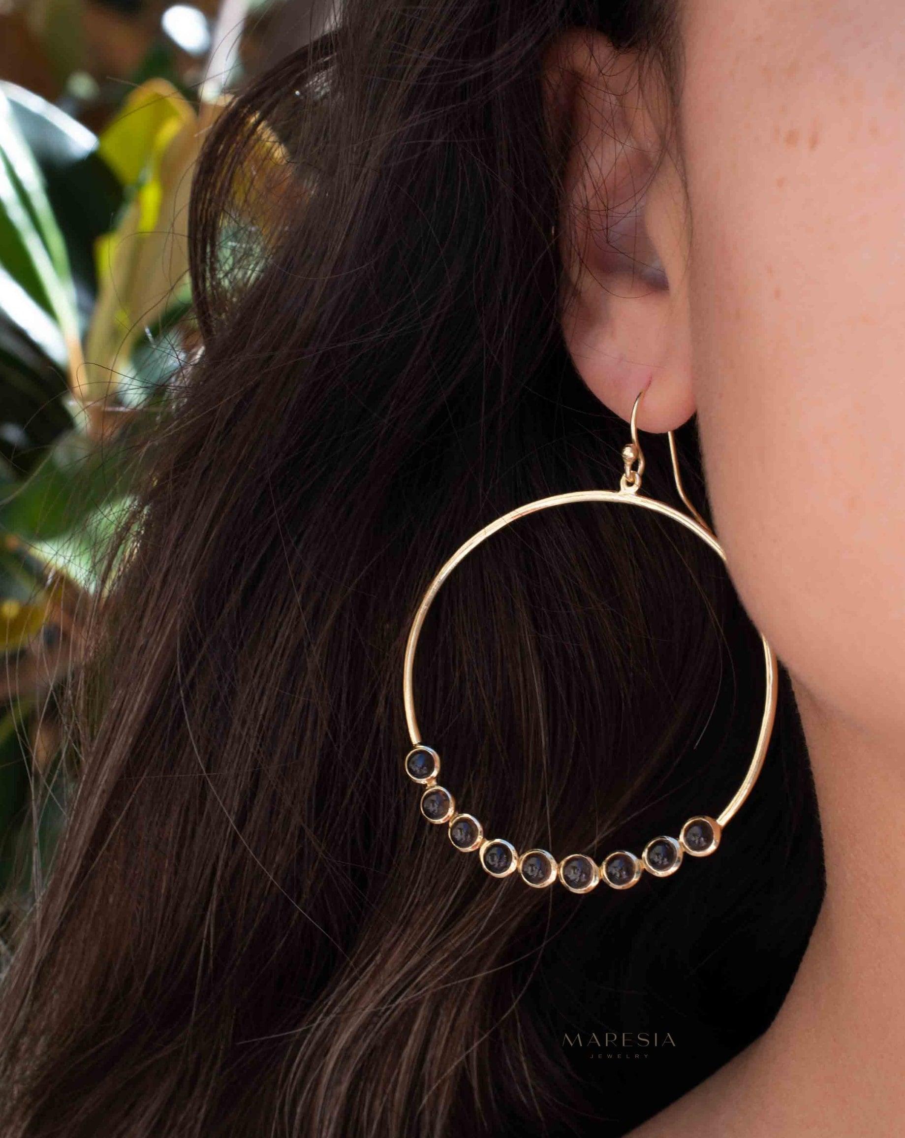 Smoky Quartz Large Round 18k Gold Plated Earrings ~ Gemstone ~ Dangle Earrings ~Boho design ~ Handmade ~ Jewelry ~ Gift for her ~ ME209