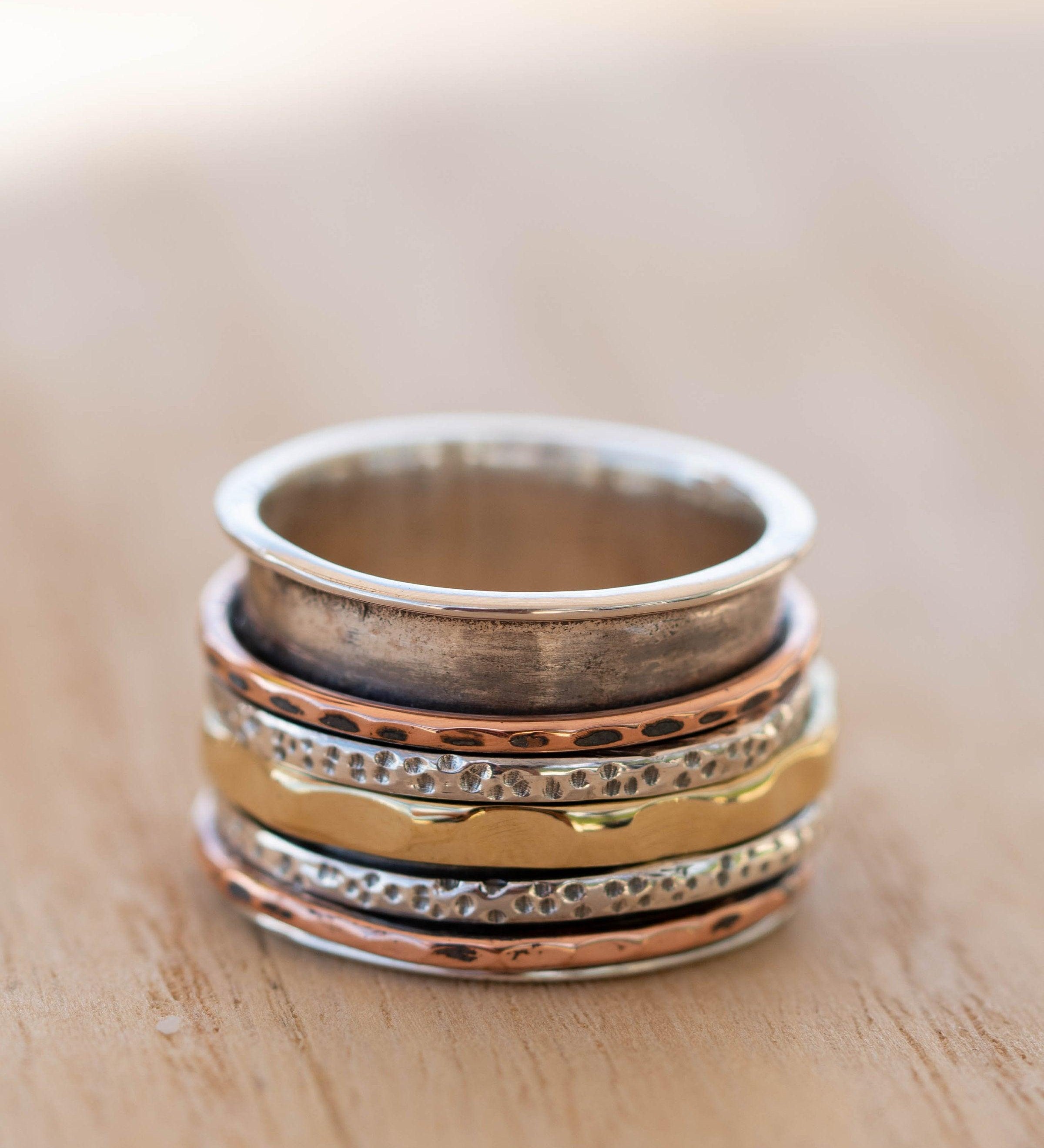 SALE Spinner Ring~Spinning ~Spin ~Meditation ~Anxiety ~Anti Stress~Large Band ~Sterling Silver 925 ~Handmade ~Mix Metals~Copper~Bronze