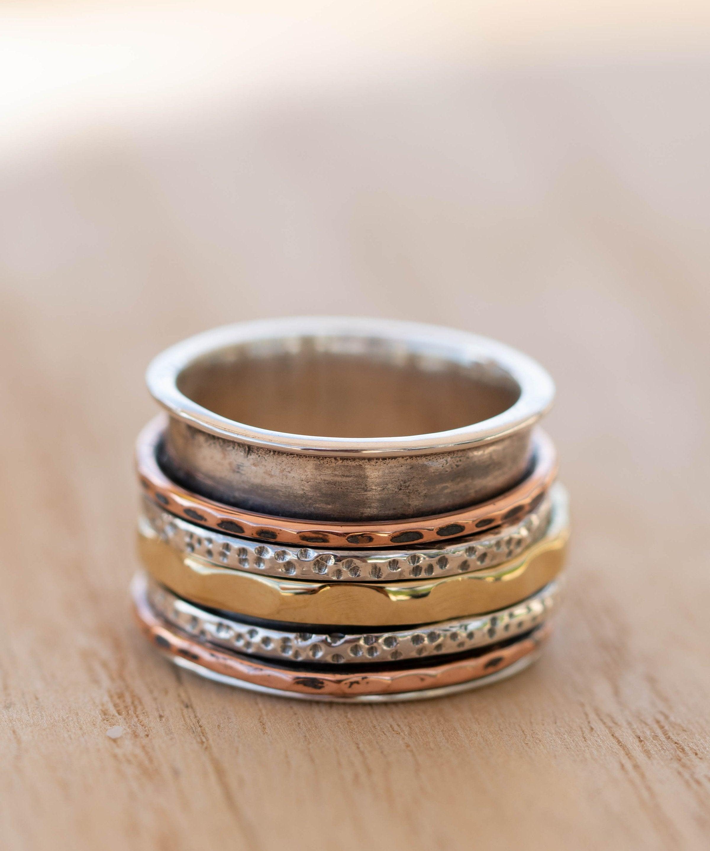 SALE Spinner Ring~Spinning ~Spin ~Meditation ~Anxiety ~Anti Stress~Large Band ~Sterling Silver 925 ~Handmade ~Mix Metals~Copper~Bronze