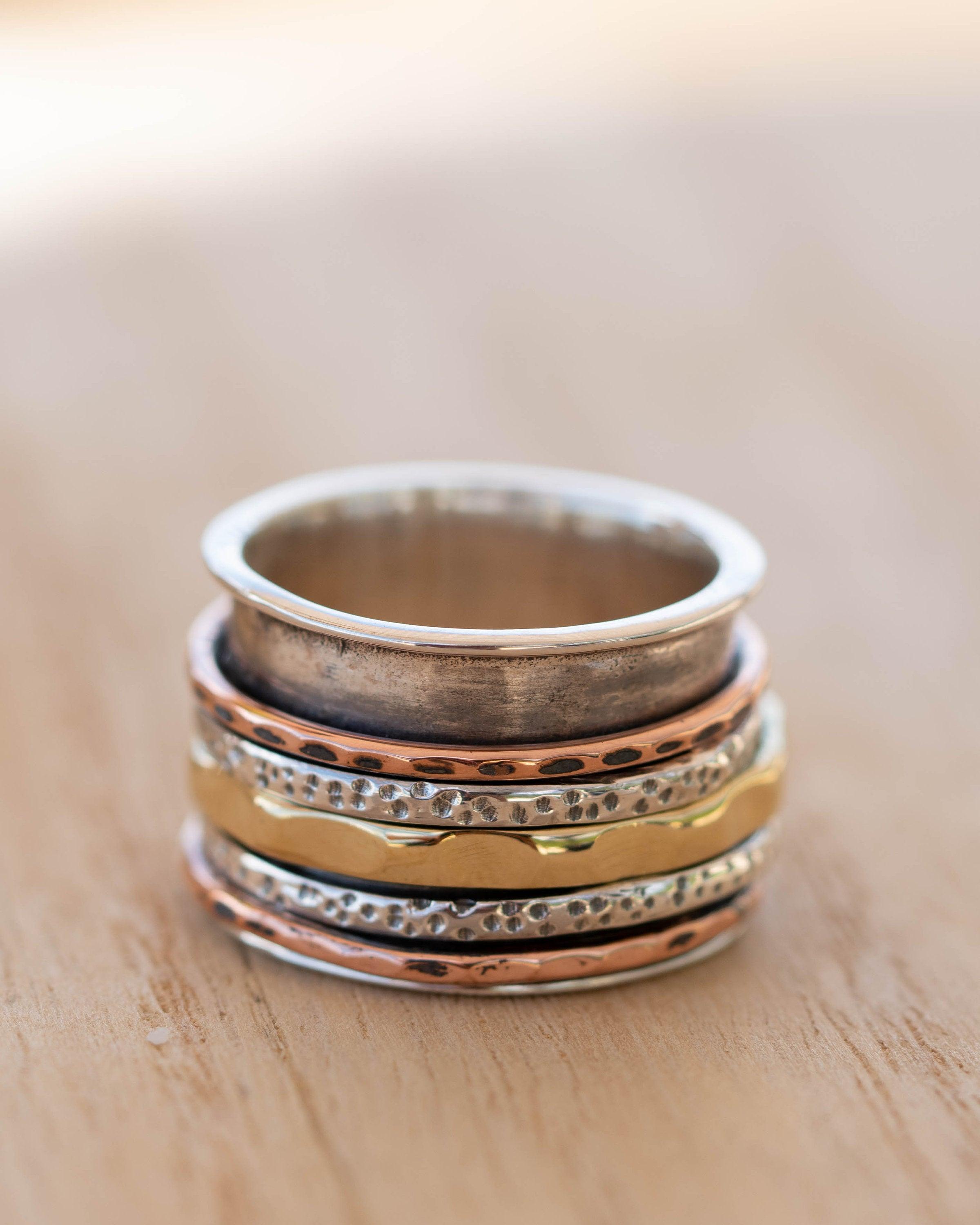 SALE Spinner Ring~Spinning ~Spin ~Meditation ~Anxiety ~Anti Stress~Large Band ~Sterling Silver 925 ~Handmade ~Mix Metals~Copper~Bronze