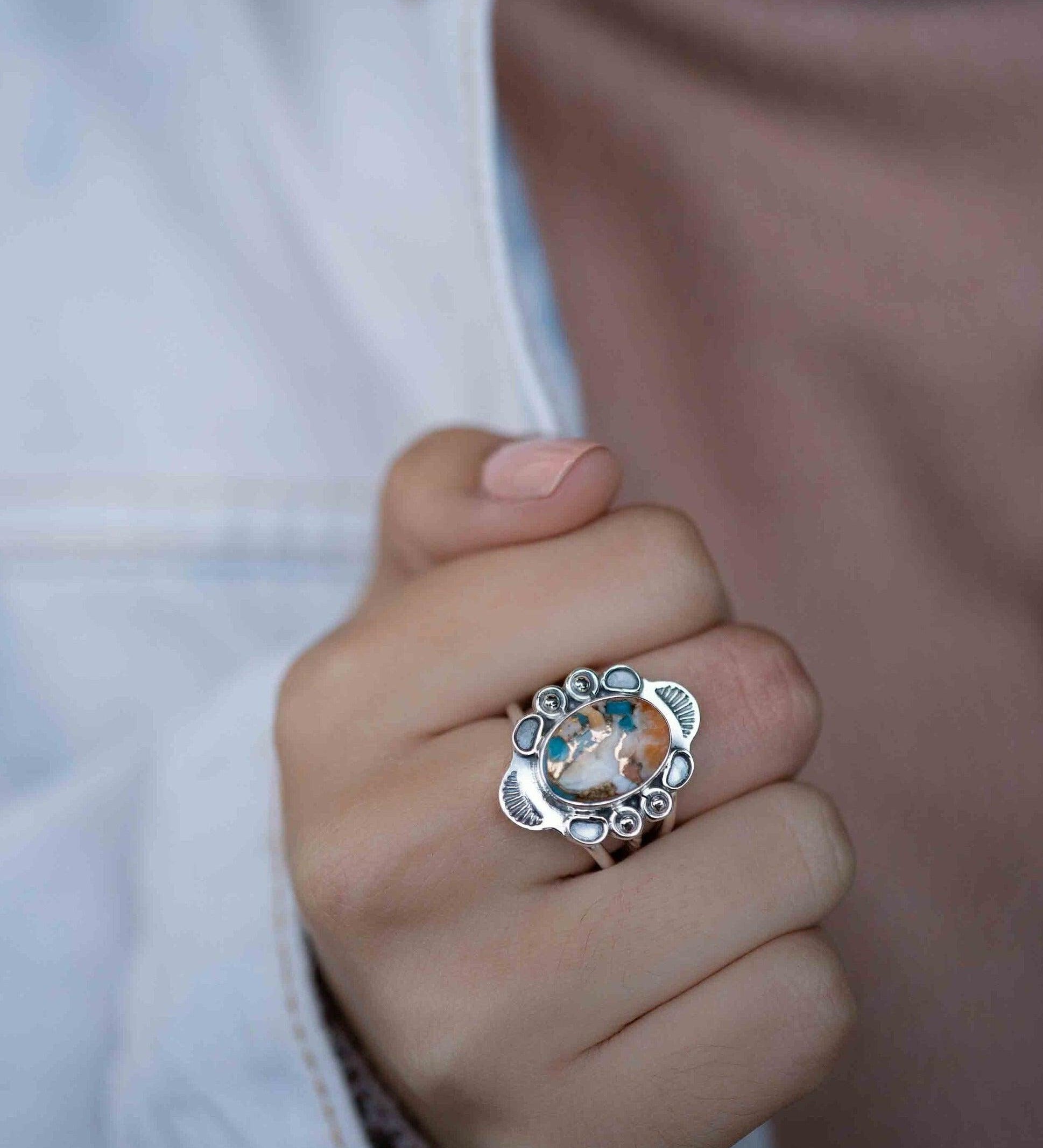 Spiny Oyster Turquoise Ring ~ oval shape ~Sterling Silver 925 ~ Handmade ~ Gemstone ~ Statement~ December Birthstone Boho * MR284