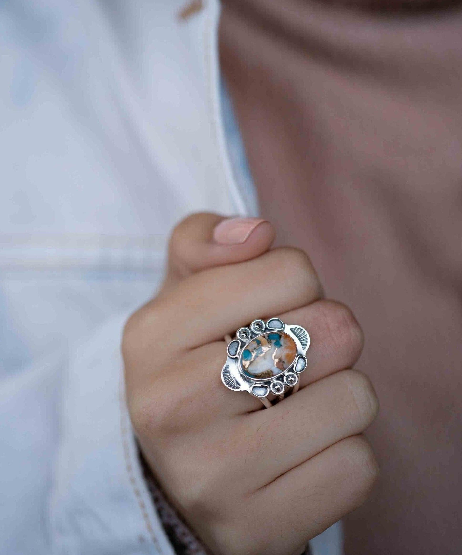 Spiny Oyster Turquoise Ring ~ oval shape ~Sterling Silver 925 ~ Handmade ~ Gemstone ~ Statement~ December Birthstone Boho * MR284