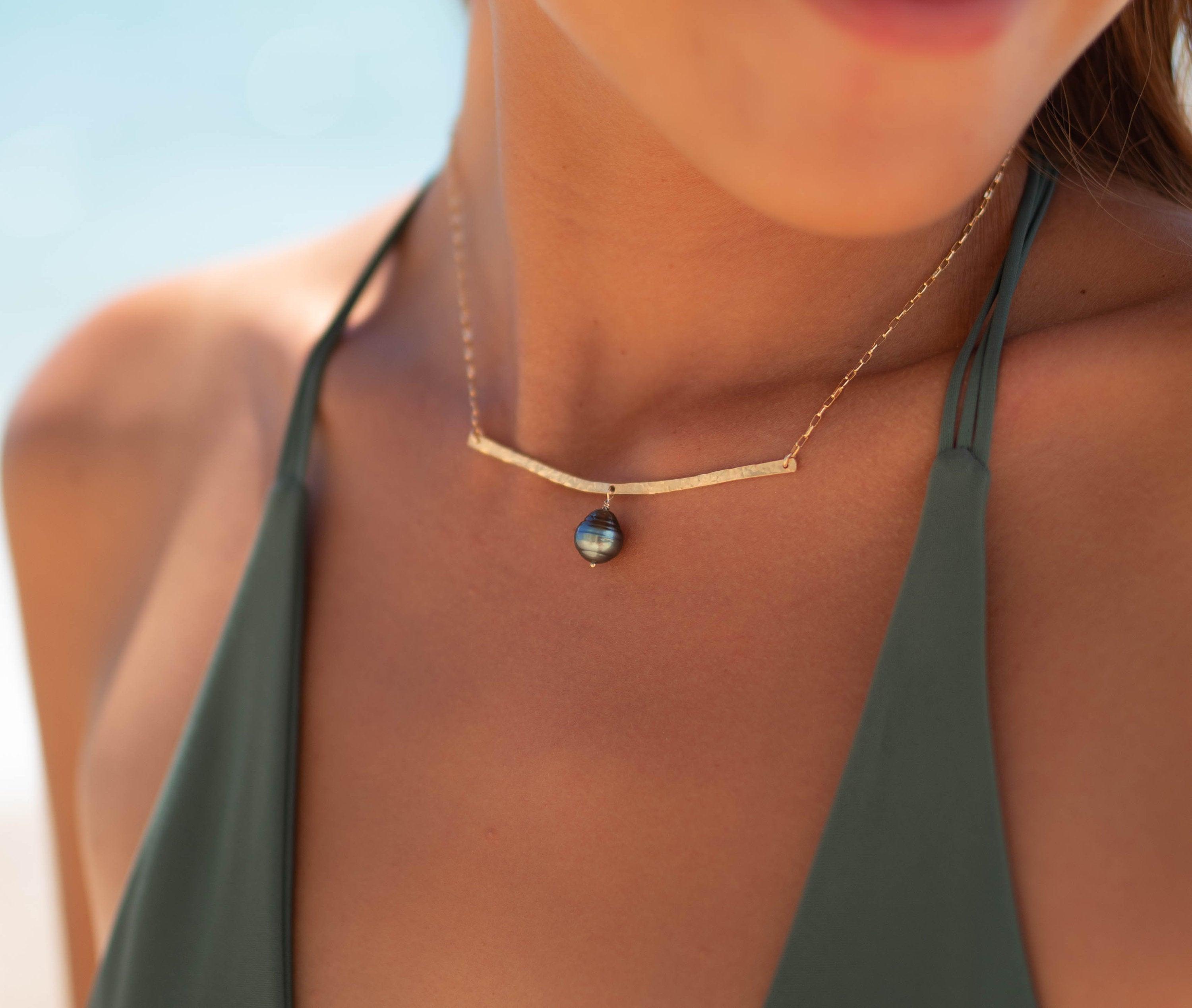 Tahitian Pearl Bar necklace ~ Gold Filled or Sterling Silver ~ Dainty Gold Necklace ~ Hammered Bar ~Minimalist ~Delicate ~Layered MN064