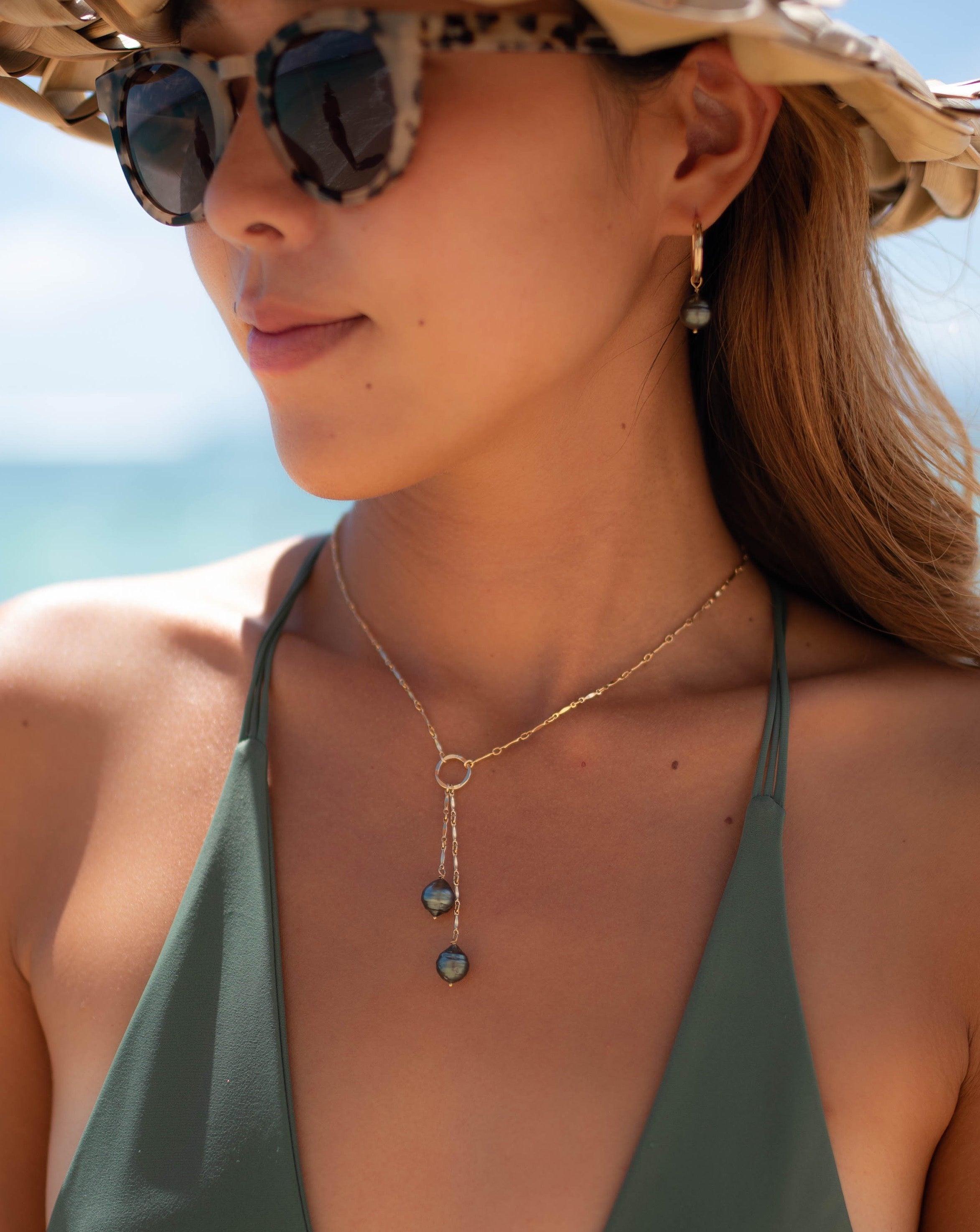 Tahitian Pearl Y necklace ~ Gold Filled or Sterling Silver ~ Dainty Gold Necklace ~ Hammered Circle ~Minimalist ~Delicate ~Layered MN062