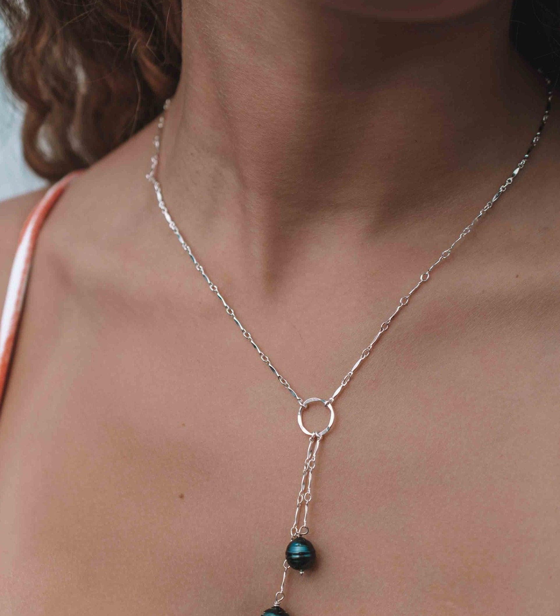Tahitian Pearls Y necklace ~ Gold Filled or Sterling Silver ~ Dainty Gold Necklace ~ Hammered Circle ~Minimalist ~Delicate ~Layered MN062