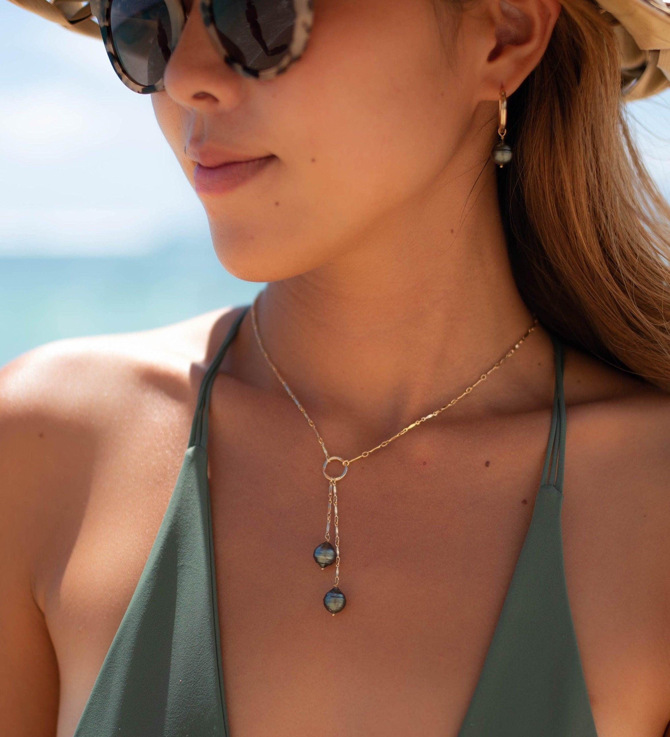 Tahitian Pearls Y necklace ~ Gold Filled or Sterling Silver ~ Dainty Gold Necklace ~ Hammered Circle ~Minimalist ~Delicate ~Layered MN062
