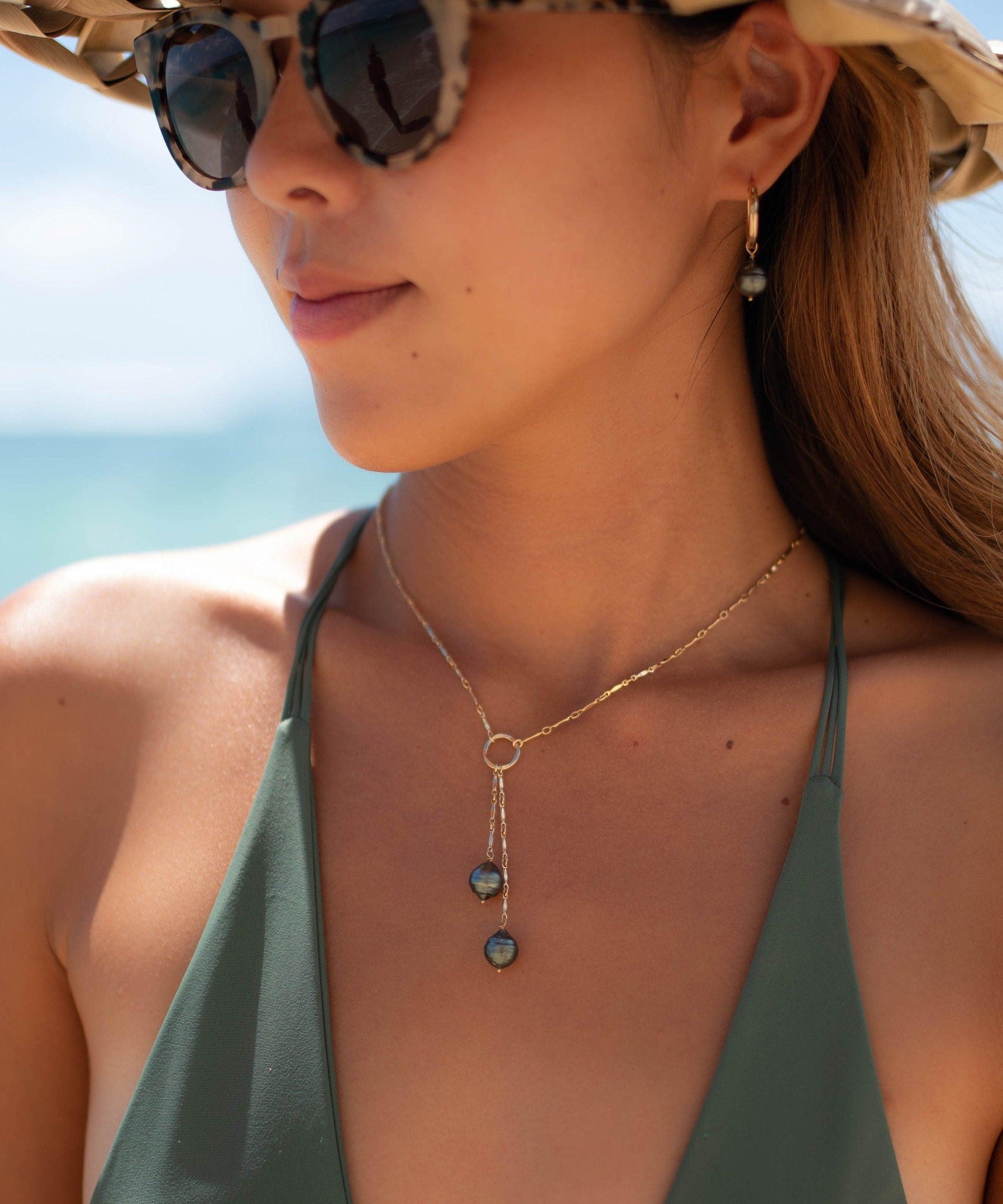 Tahitian Pearls Y necklace ~ Gold Filled or Sterling Silver ~ Dainty Gold Necklace ~ Hammered Circle ~Minimalist ~Delicate ~Layered MN062