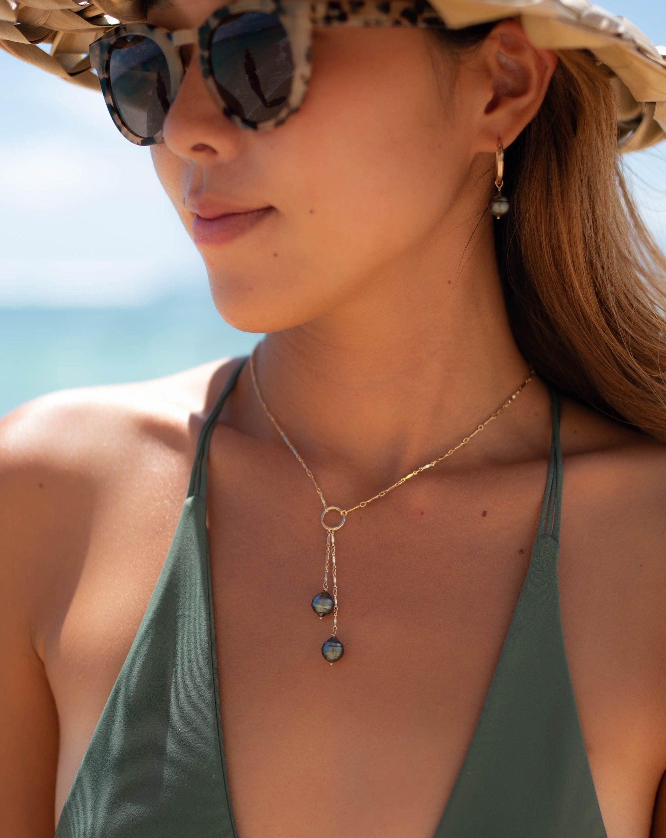 Tahitian Pearls Y necklace ~ Gold Filled or Sterling Silver ~ Dainty Gold Necklace ~ Hammered Circle ~Minimalist ~Delicate ~Layered MN062