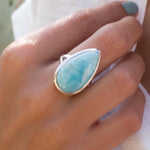 Larimar Ring Large ~  Sterling Silver 925 ~ Statement ~ Gemstone ~ Semi Precious Stone ~ Blue ~ White ~ Natural~Tear Drop~Thin Band MR275